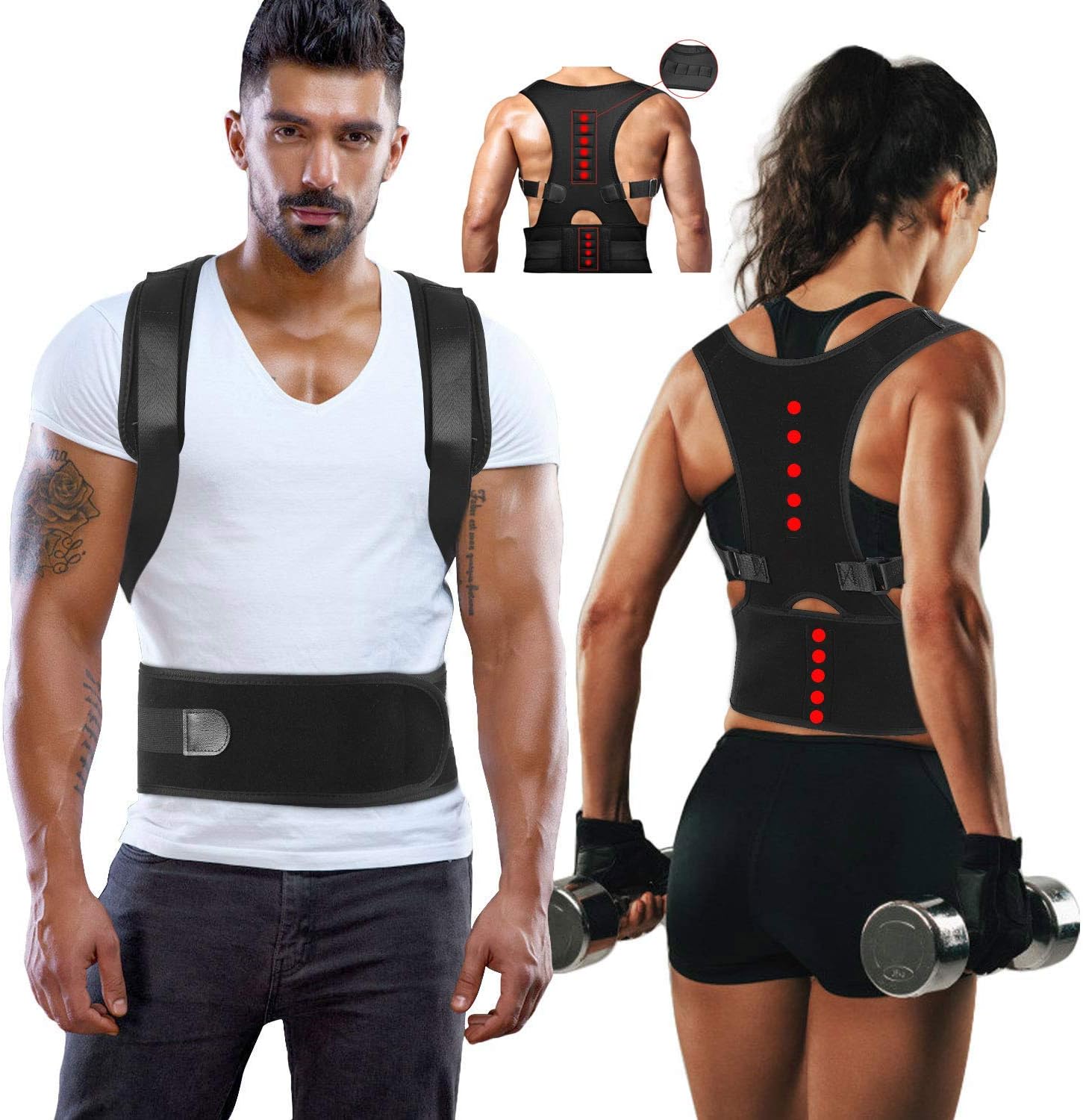 Magnetic Back Support for Posture Corrector with 10 Magnets and Adjustable Straps and Breathable Mesh Panels