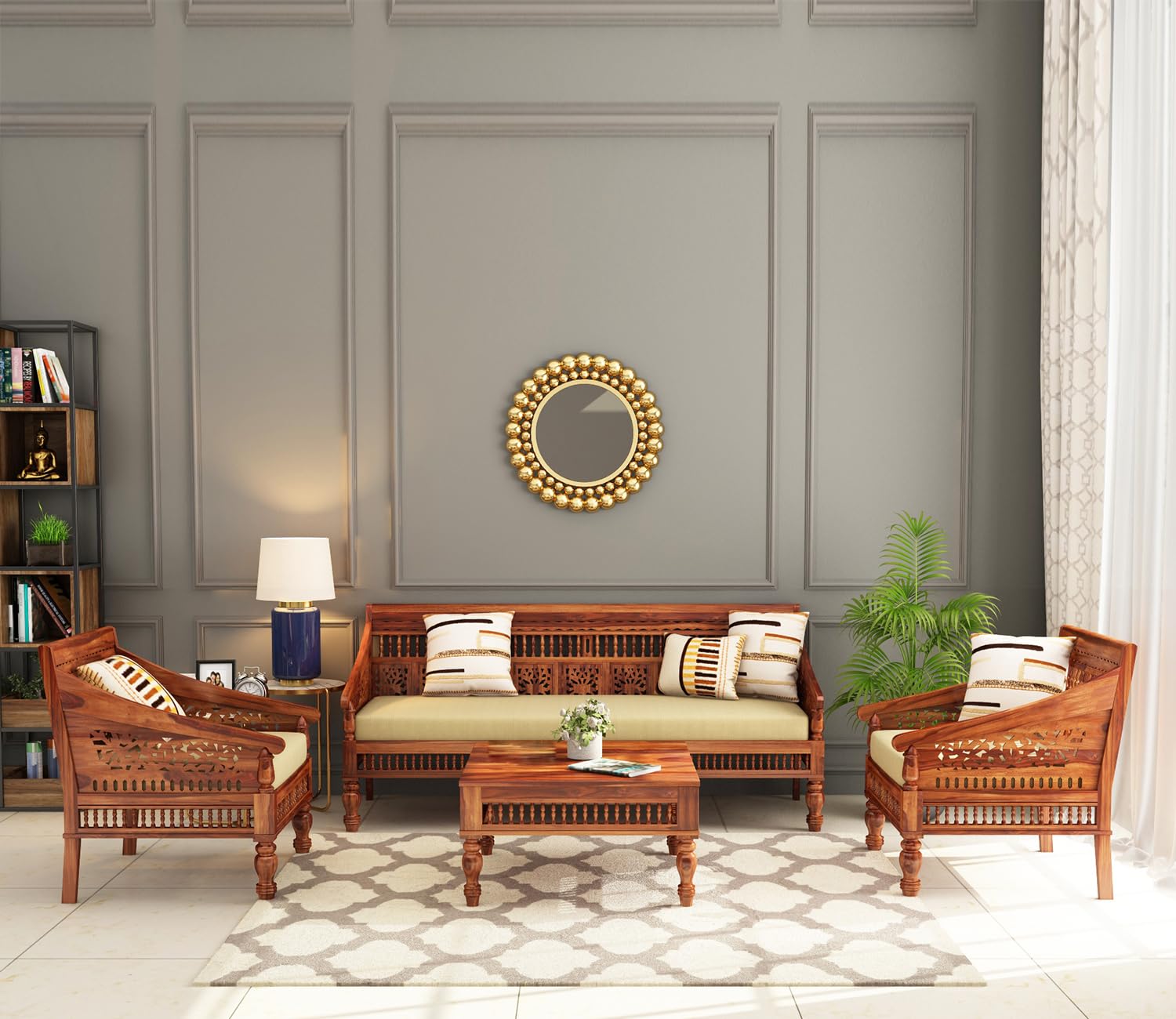 MJ FURNITURE Solid Sheesham Wood Wooden 5 Seater Sofa Set with 1 Year