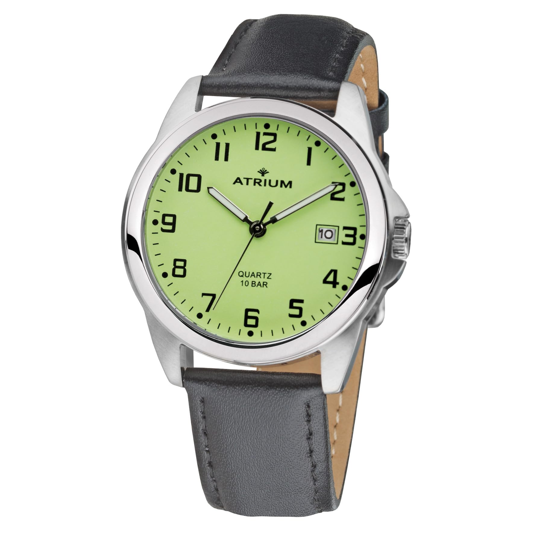 Atrium Herren-Armbanduhr Edelstahl silberfarben Analog Quarz 10 bar mit Datum, Leuchtzeiger, sehr deutliches Zifferblatt Hellgrün Leuchtblatt und Lederband schwarz A16-12