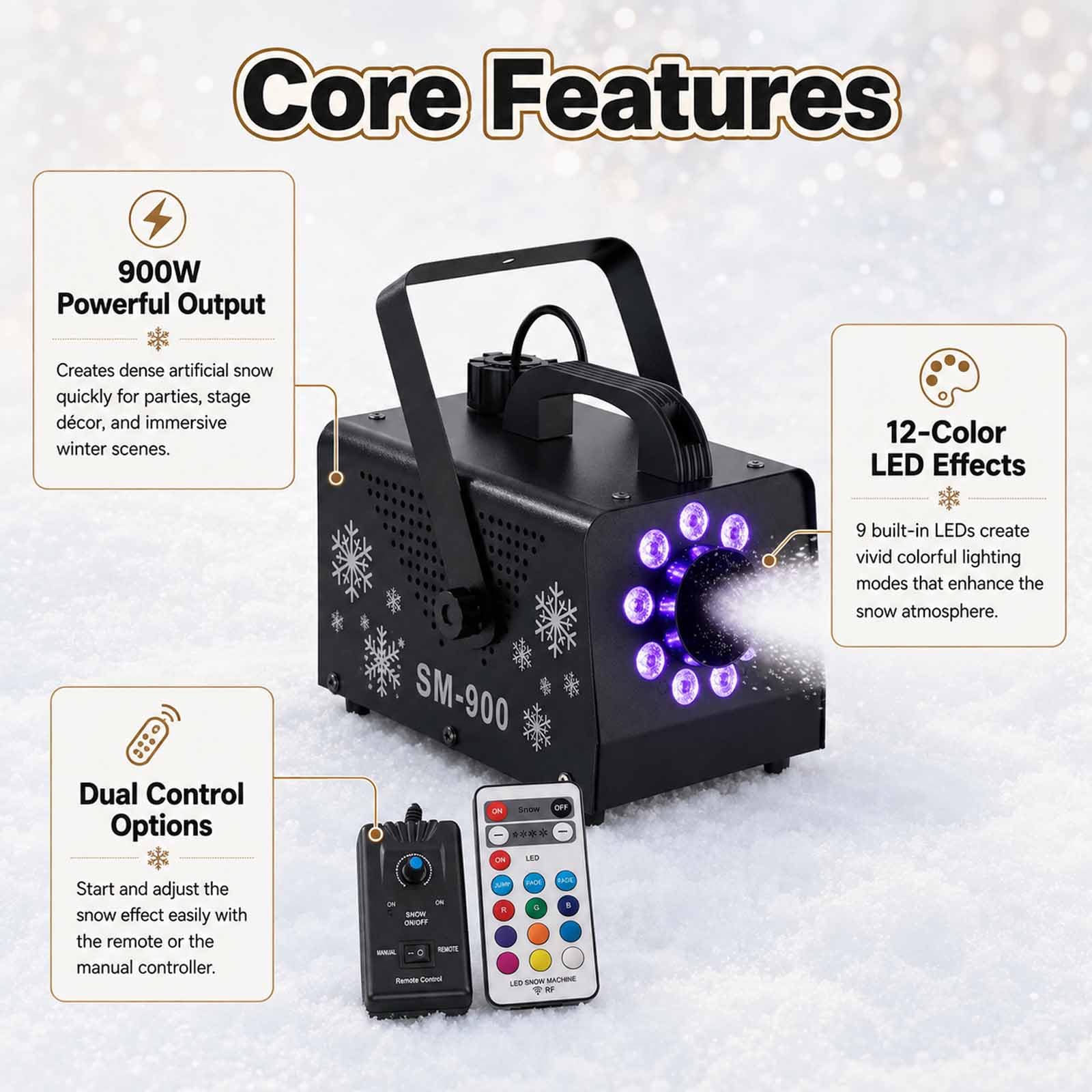 Macchina Per Fiocchi Di Neve Artificiali Da 900 W, 9 Led Con 15 Effetti Luminosi Colorati, Doppia Maniglia E Telecomando, Distanza Di Emissione 3-5 M E Distanza Del Telecomando 8-10 M