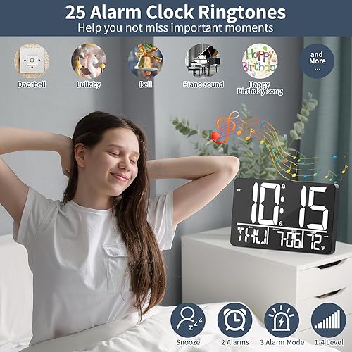 Miniatura 2 de Reloj de pared digital de 13 pulgadas con control remoto, 25 tonos de llamada, temperatura, calendario, 0-100% brillo automático o personalizado,