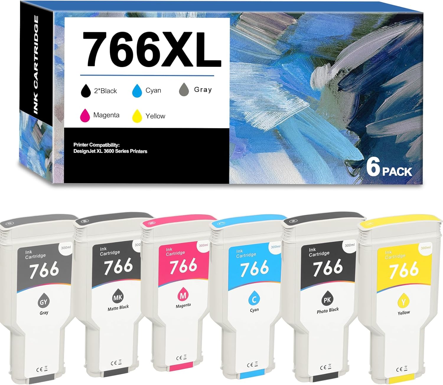 766 Ink Cartridge Replacement for HP 766 Ink Cartridge 3ED57A P2V89A P2V90A P2V91A P2V92A P2V93A P2V94A 3ED55A for DesignJet XL 3600 Series Printers（300ml 6Packs,MK/PB/G/C/M/Y）