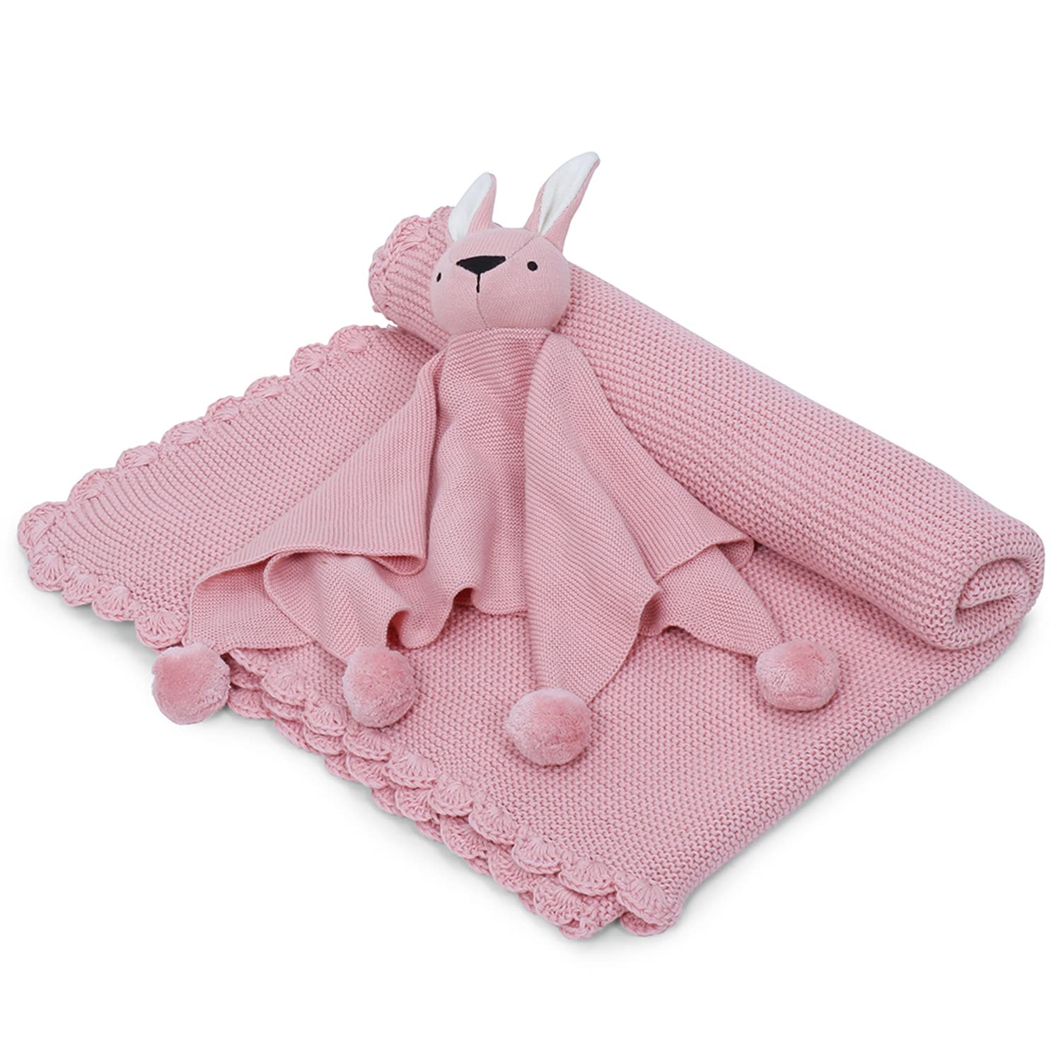 haus & kinder100% Cotton Knitted Blanket for New Born Baby | Baby All Season AC Blankets | Quilt Wrapper for New Born Boy & Girl | Size 80 cm x 100 cm, 0 to 2 Years | Thumbie with Toy (Pink)