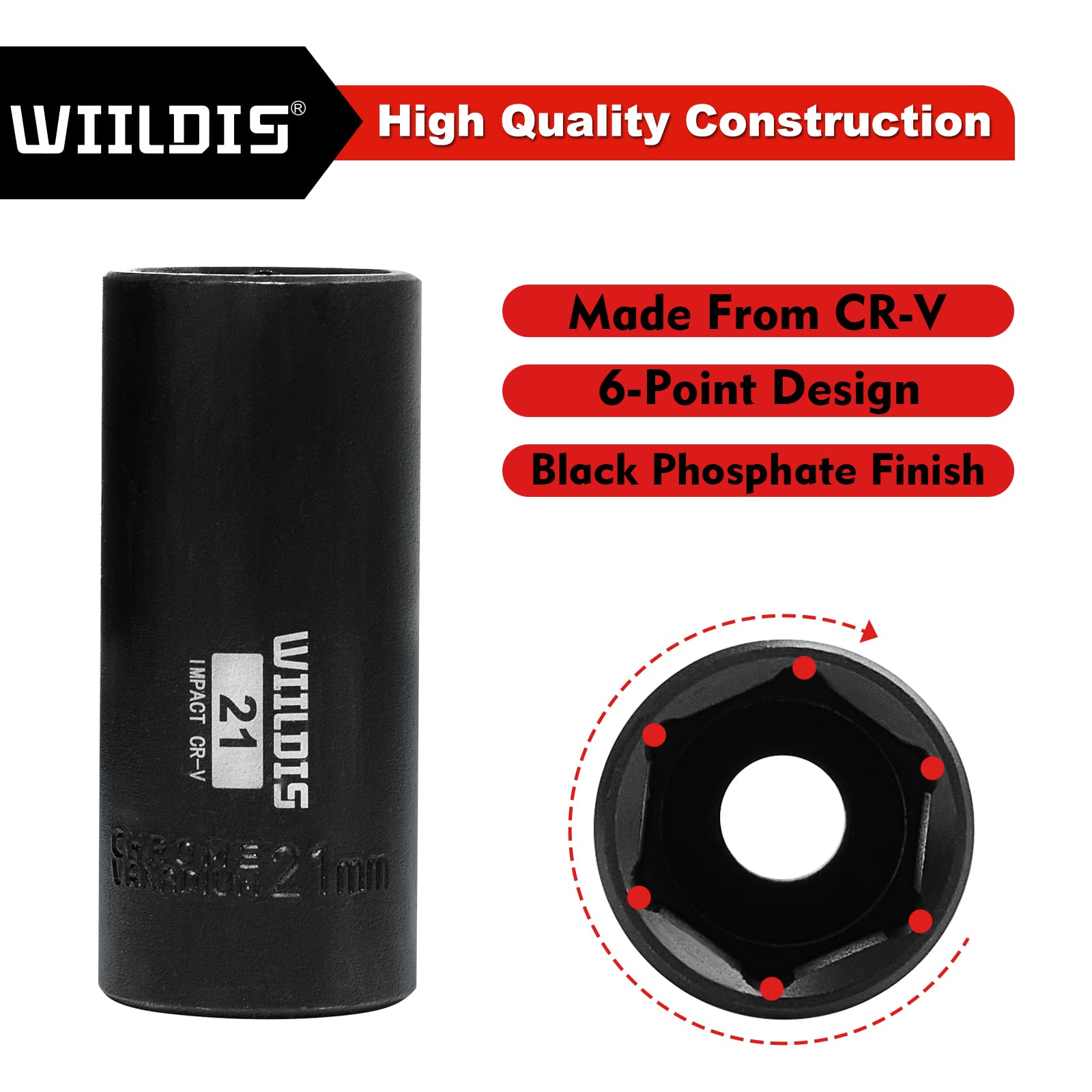 WIILDIS Juego de 14 llaves de vaso de impacto profundo de 3/8 pulgadas, 7 mm a 21 mm, CR-V, métrico, 6 puntos, 14 piezas de 3/8 pulgadas Dr. Socket