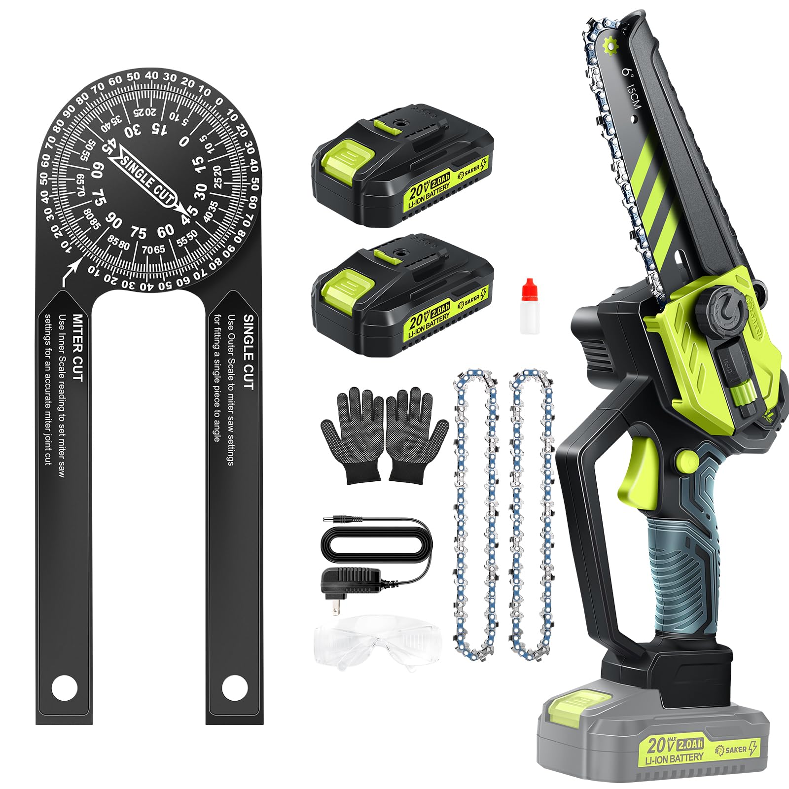 Saker Multifunction Mini Chainsaw,6 Inch Brushless Chainsaw and Saker Miter Saw Protractor|7-Inch Aluminum Protractor