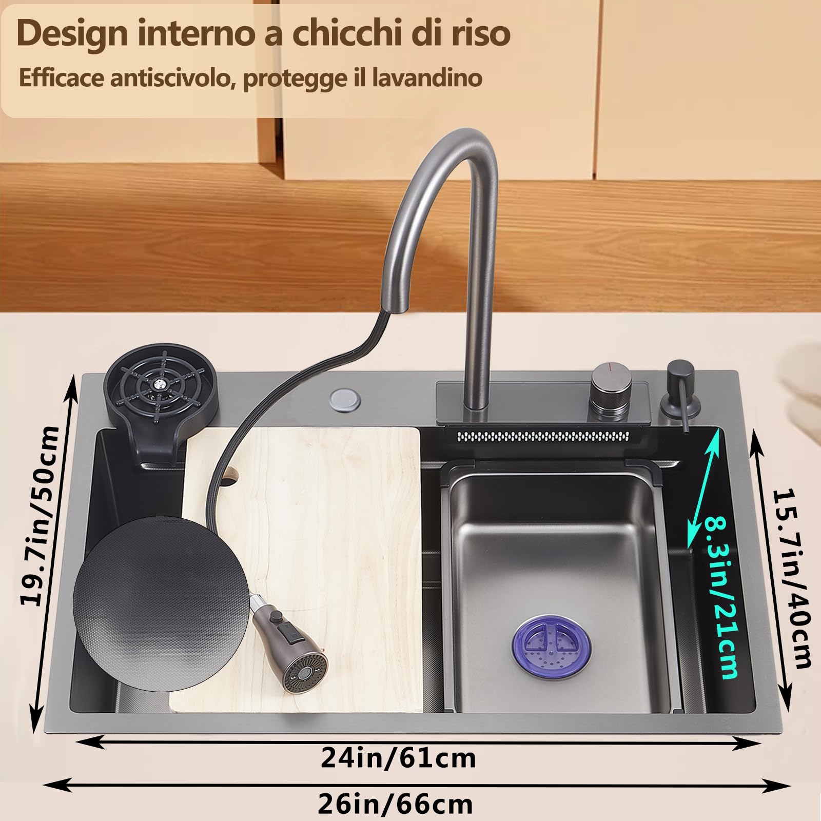 Lavello Cucina 1 Vasca 66 x 50 cm, Grigio Scuro Lavello in Acciaio Inox Lavello Cucina Multifunzionale in Stile Contemporaneo Con set completo di accessori Adatto per bar, balcone, cucina (66 * 50cm)