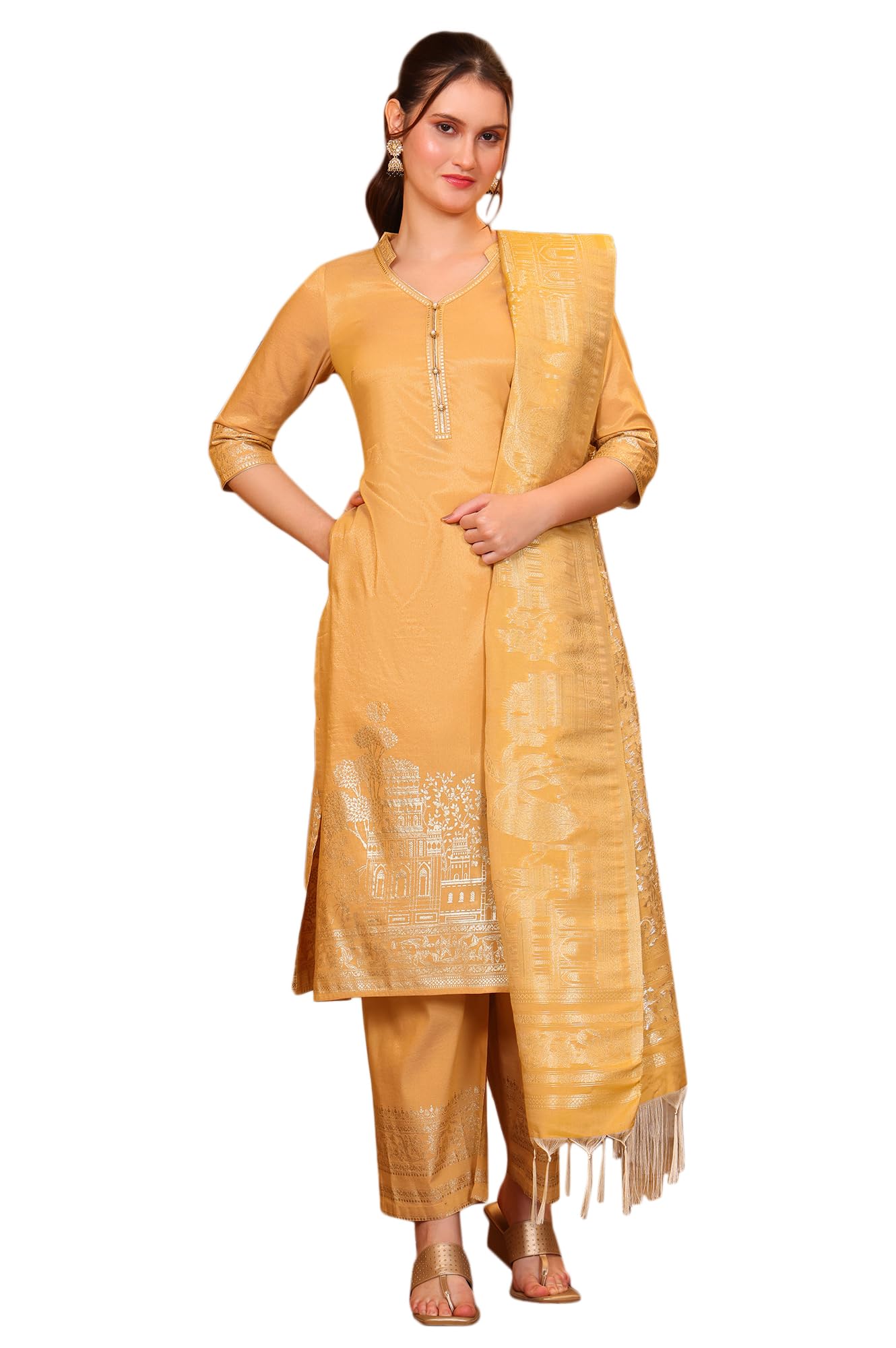 aurelia Women's Yellow Foil Printed Festive Straight Kurta, Trousers and Dupatta Set-picture-41