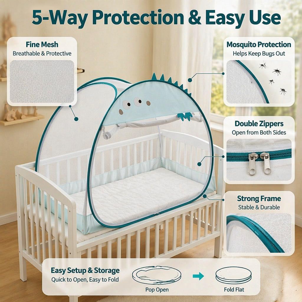 Liemuao Moustiquaire Pop Up pour Lit bébé, 120x65x100 cm, Installation Facile Tente de Lit Dôme avec Double Porte Fermeture éclair, Portable et Pliable pour Camping et Chambre (Lapin)