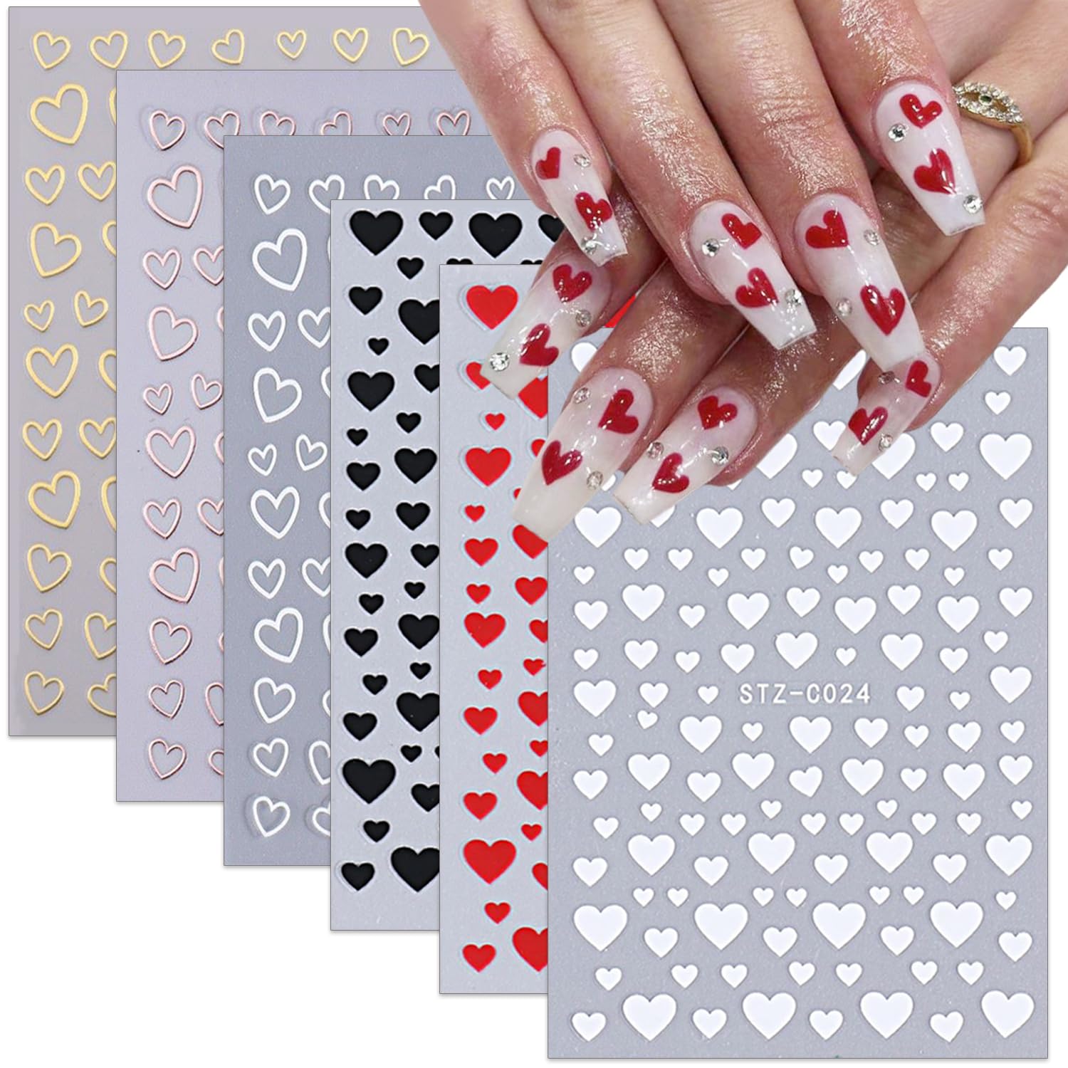 6 Sheets Valentines Nail Stickers 3D Heart Art Decals Black White Red Gold Silver Design Supplies for Women Acrylic Decoration DIY