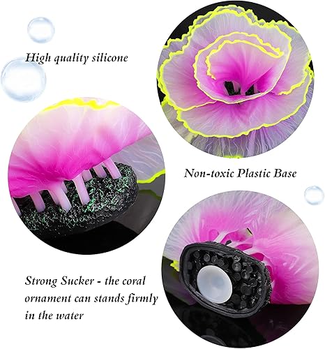 Miniatura 4 de Decoraciones brillantes para pecera, decoración de acuario brillante, adornos de coral, 2 plantas de flores de silicona y 10 piezas de conchas