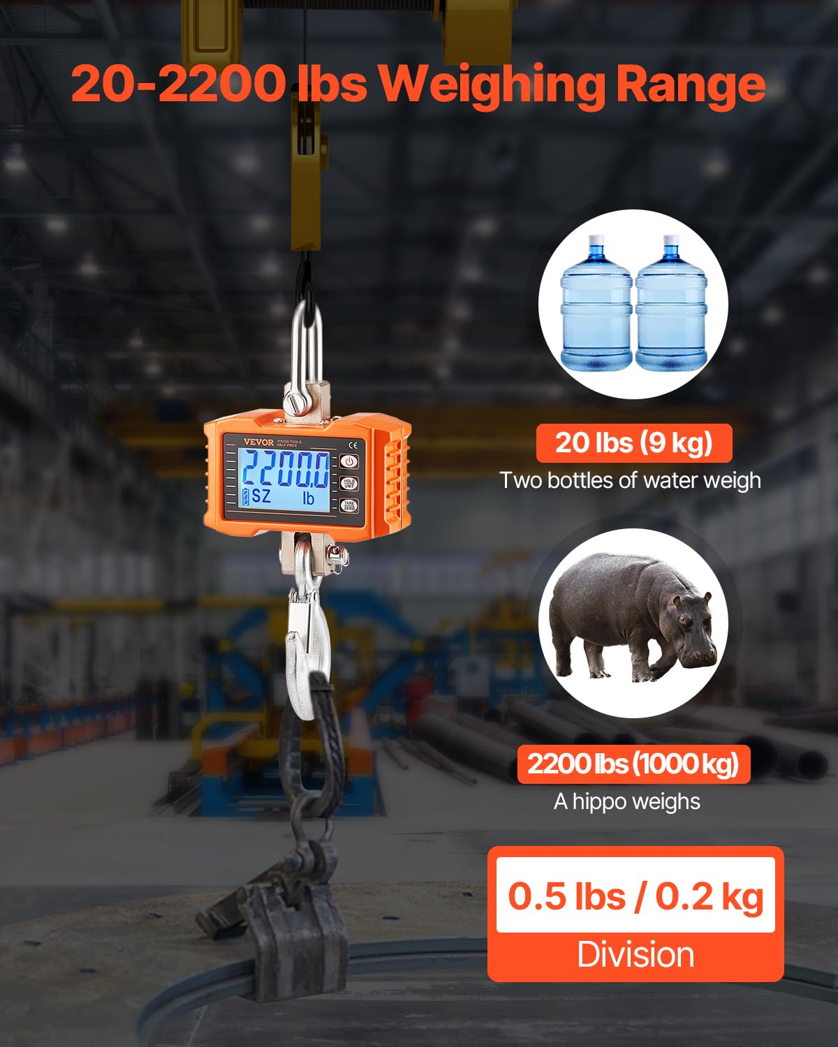 VEVOR Industrielle Hängewaage, 1000 kg, robuste digitale Kranwaage mit Fernbedienung, Lastenwaage, Gehäuse aus Aluminiumguss, hochpräzises LCD-Display für Bau, Fabrik, Bauernhof, Jagd, Orange