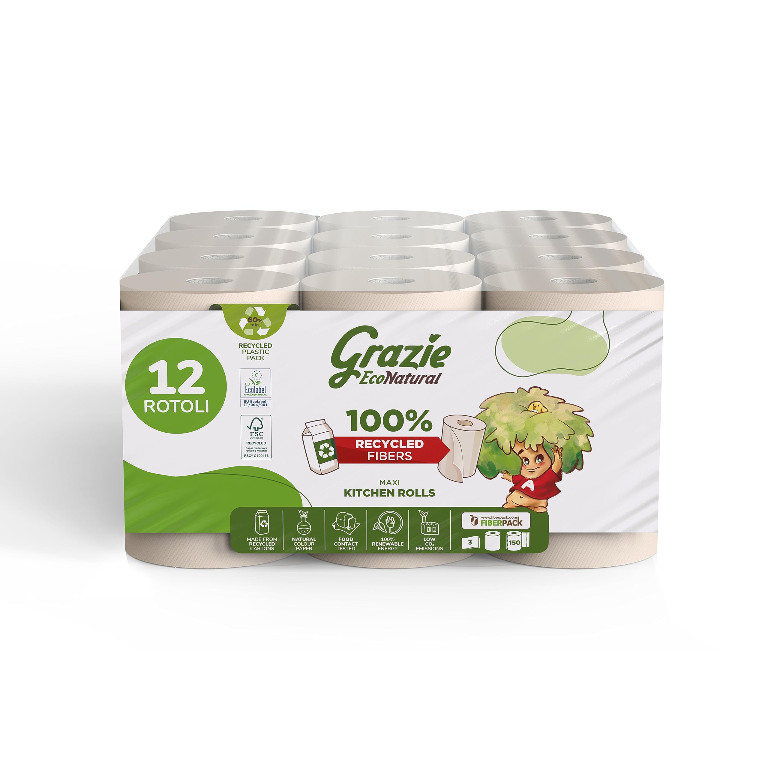 Grazie Natural, Asciugatutto Monorotolo, 12 Rotoli, Bobina di Carta Assorbente Realizzata con Carta 100% Riciclata Fiberpack, Certificata Ecolabel e FSC Recycled, Made in Italy