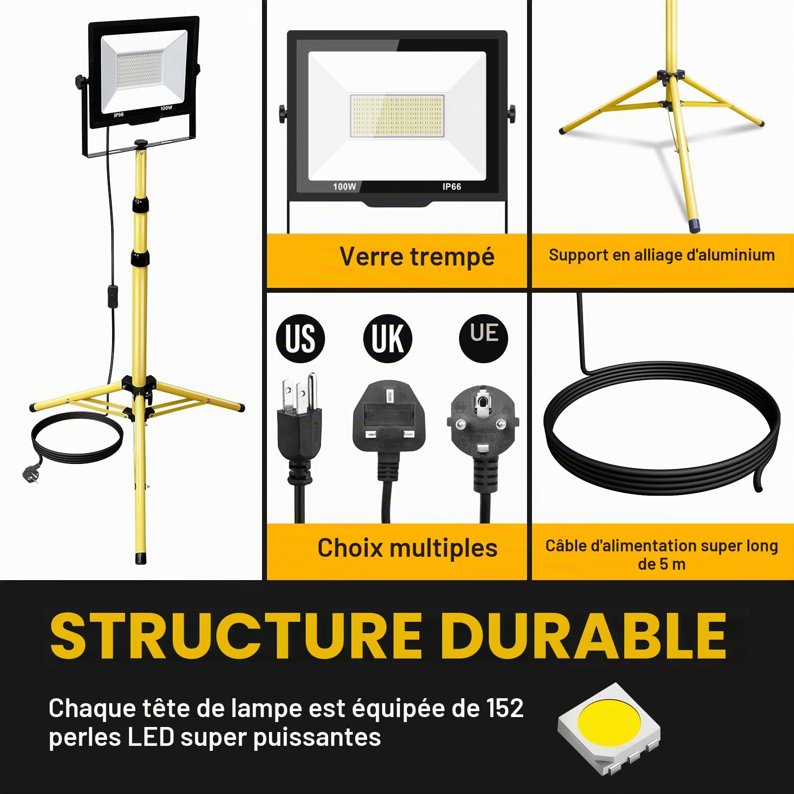 Willpower Projecteur Chantier LED sur Pied 100W Spot LED Extérieur Filaire | Lumiere de Chantier 10000LM, 6000K Blanc, Etanche IP66, Portable Lampe de Travail Pour Garage Atelier Construction