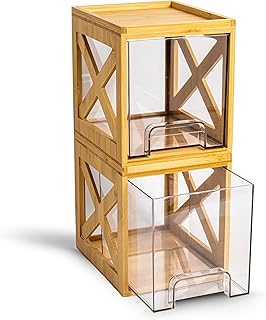 Bamboo Snack & Pantry kitchen Organizer – 2 Pack Bamboo Stackable Storage Drawers – Pull Out Storage for Cookies, Spices, Coffee Pods & K Cups – Clear Acrylic Drawer for Countertop Use