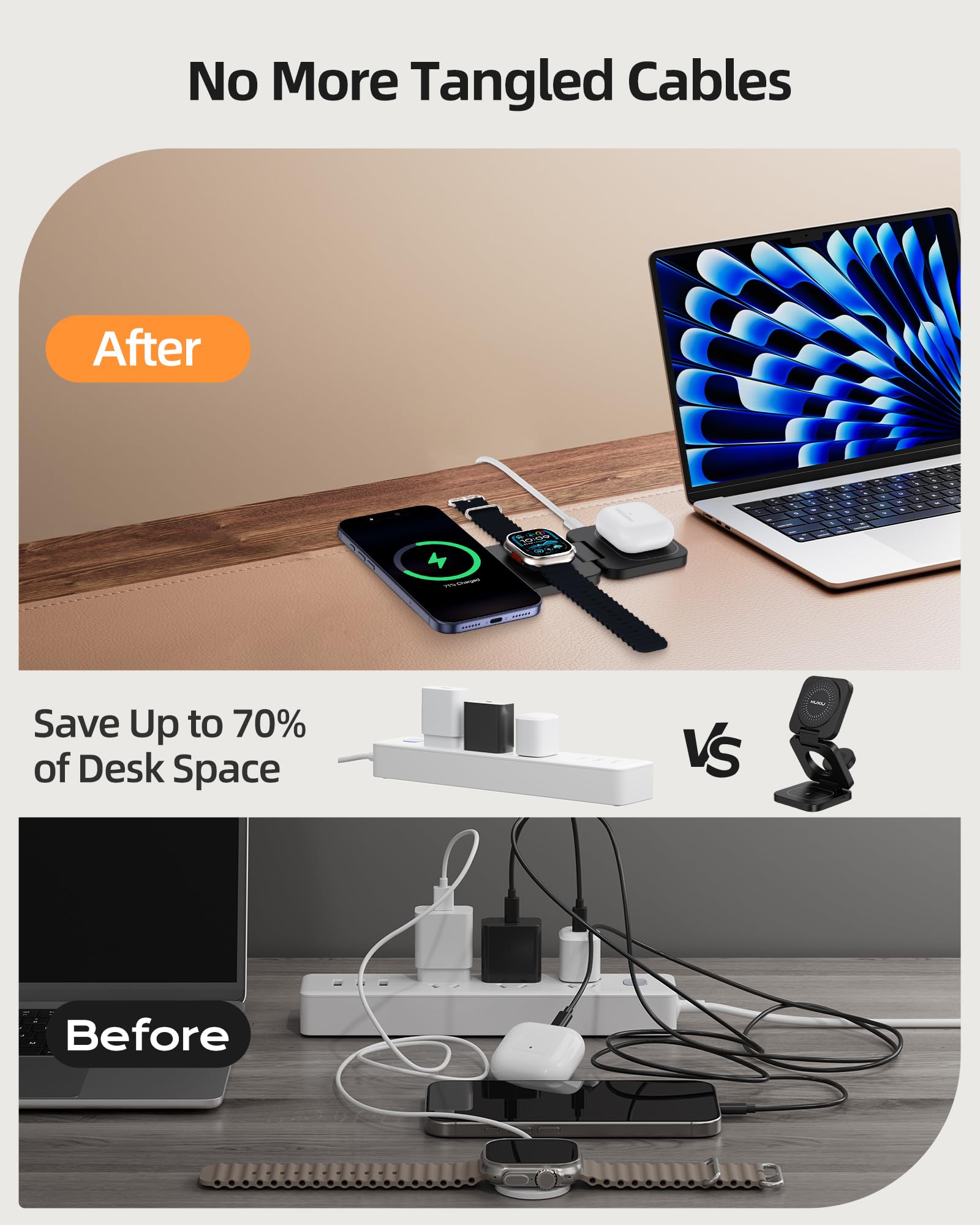KU XIU X55 Turbo Qi2.2 25W Station de Charge pour Magsafe, Chargeur sans Fil Pliable 3 en 1, Support Chargeur Induction Magnétique pour iPhone 17-12 & Watch & AirPods, 45W Adaptateur Inclus, Noir