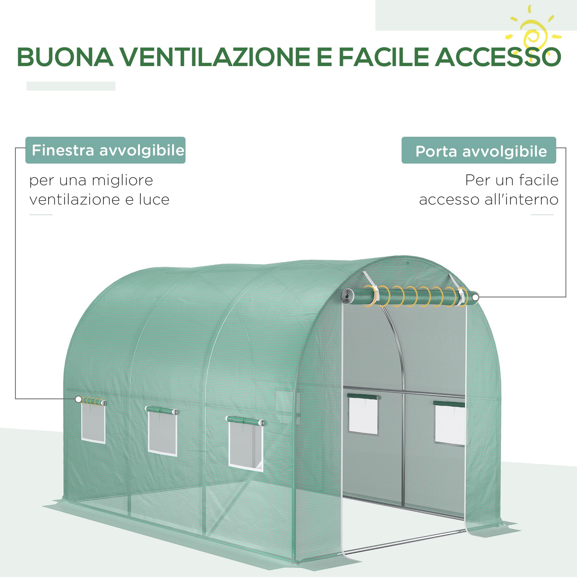 Outsunny Copertura per Serra in PE 3x2 m, Telo per Serra con 6 Finestre, Porta Avvolgibile e Bordi Interrati, Protezione UV, per Agricoltura, Piante, Orti e Giardino, Verde