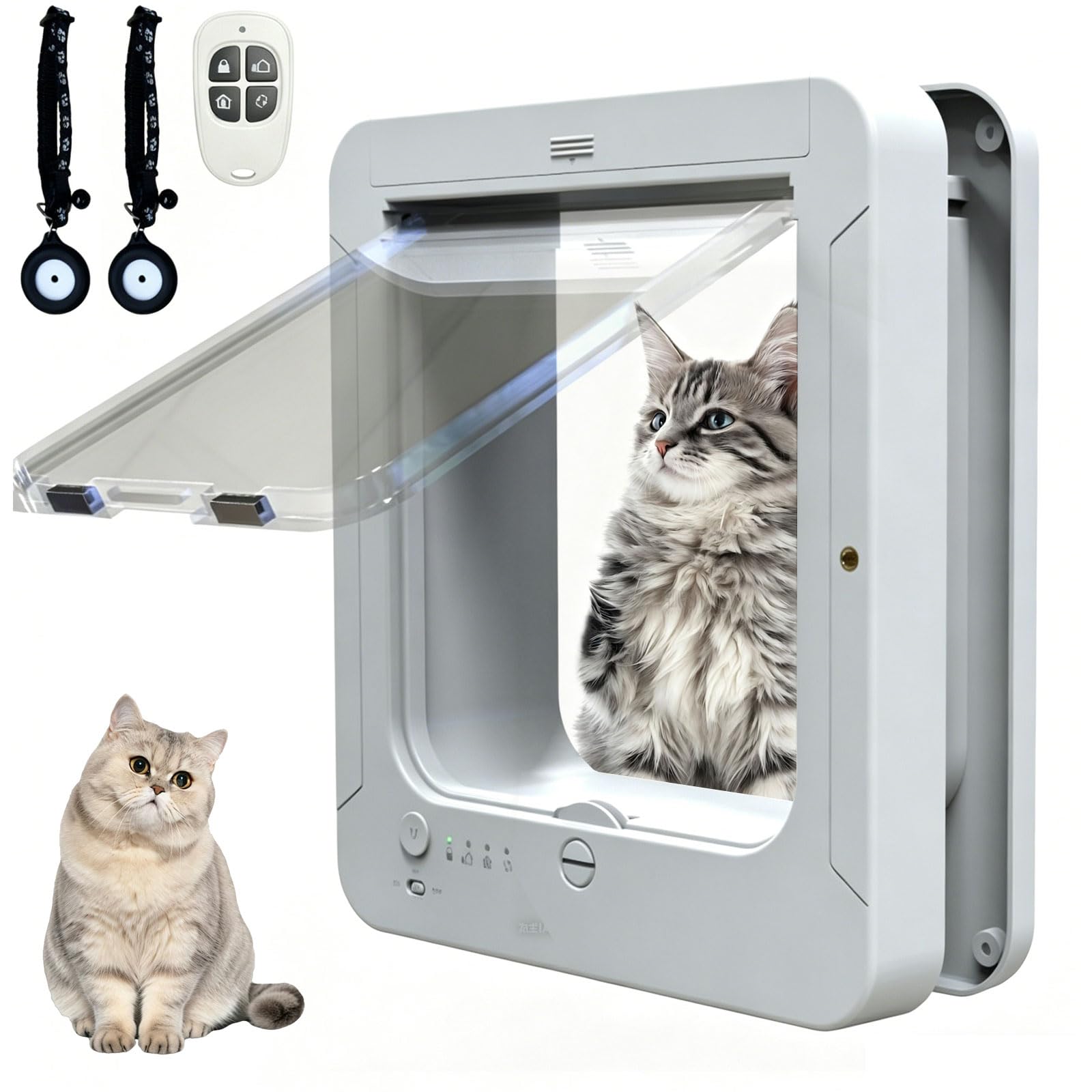 Gatera con microchip de cierre de 4 vías y apertura automática con mando a distancia blanca