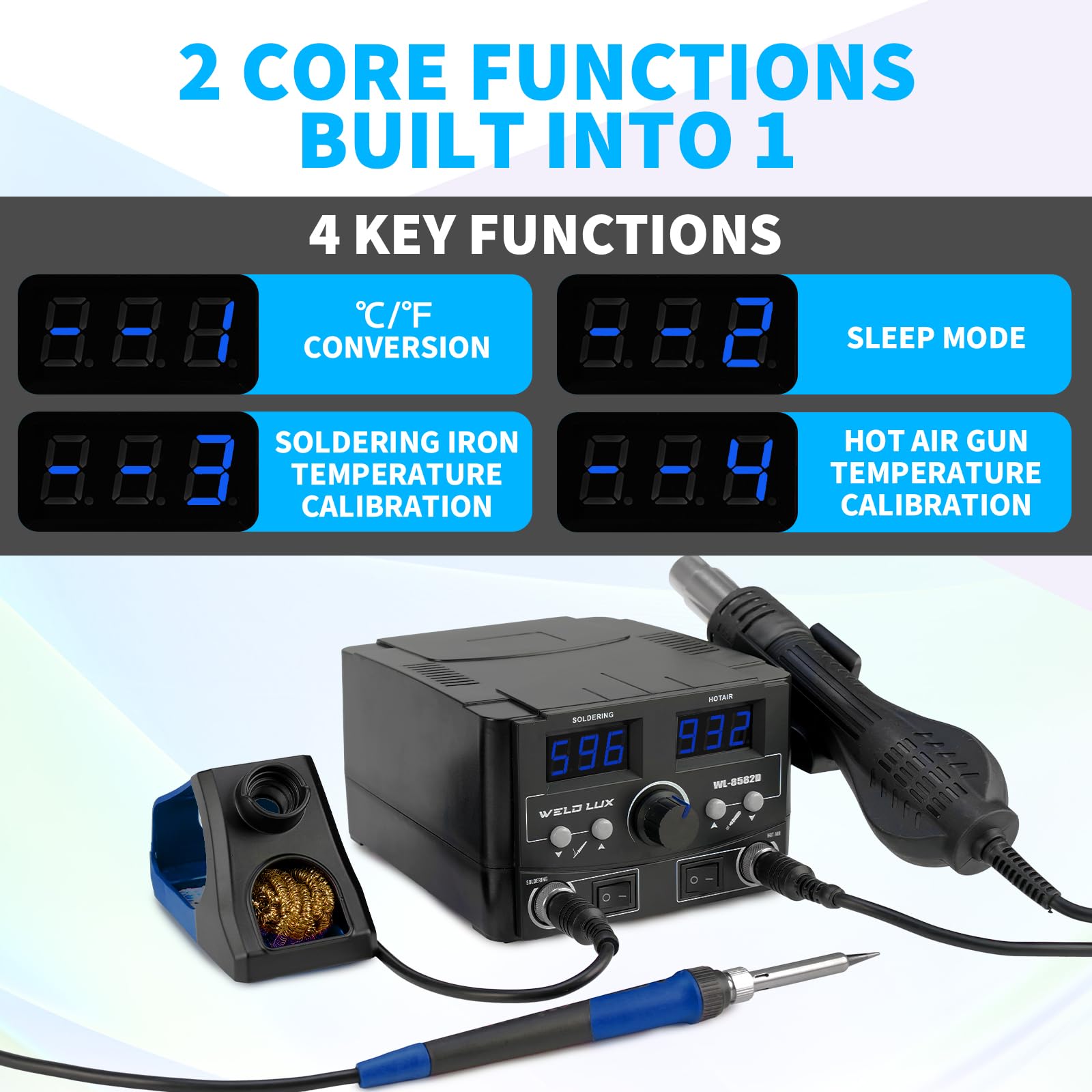 Kit de estación de soldadura digital de 820 W actualizado, estación de retrabajo de aire caliente 2 en 1 con visualización de °F /°C, conmutación de aire frío/calor, corrección digital de