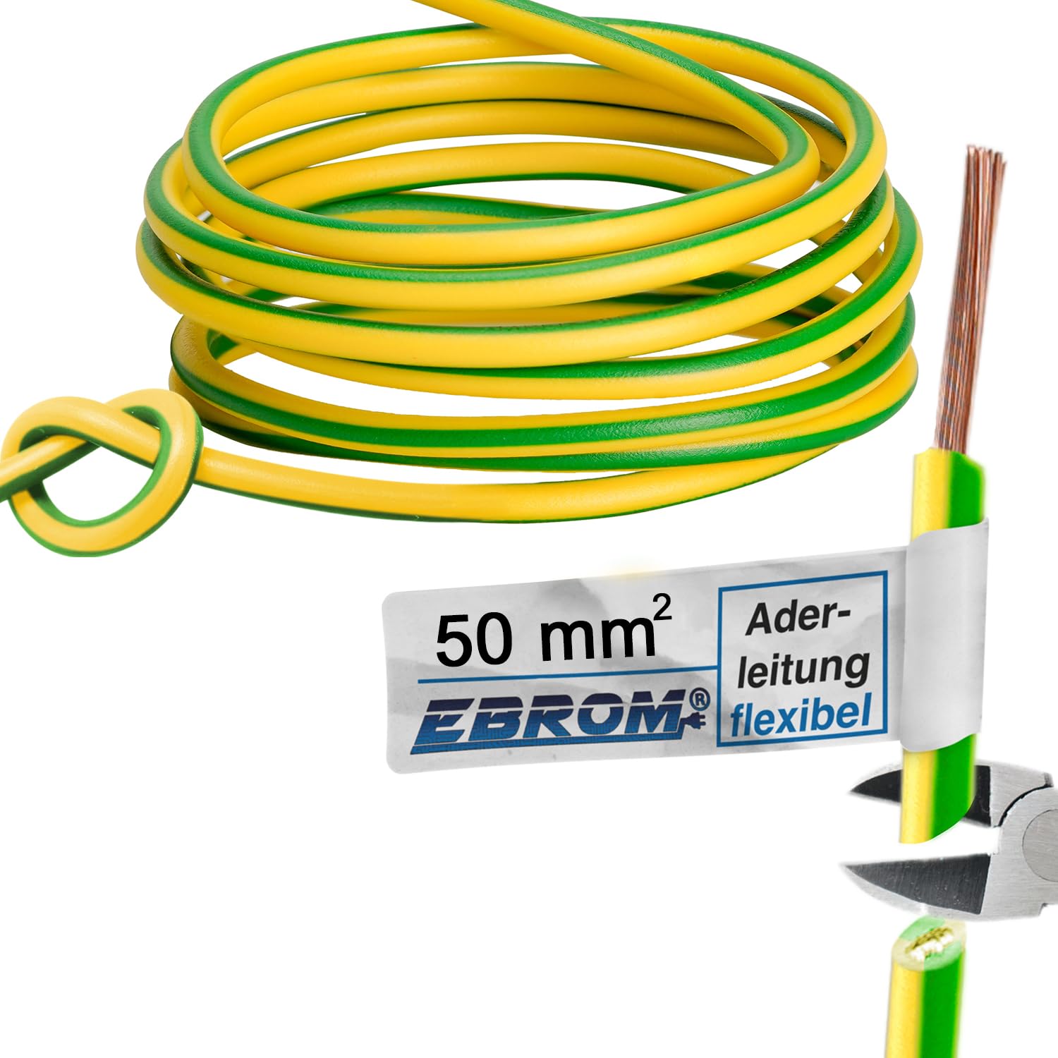 EBROM Cable de conexión a tierra H07V-K (K = cable fino flexible 99,9% cobre OFC de cobre completo) 1 x 50 mm², 5 hasta 100 metros en la selección, verde/amarillo 50 mm2 (50 mm2)