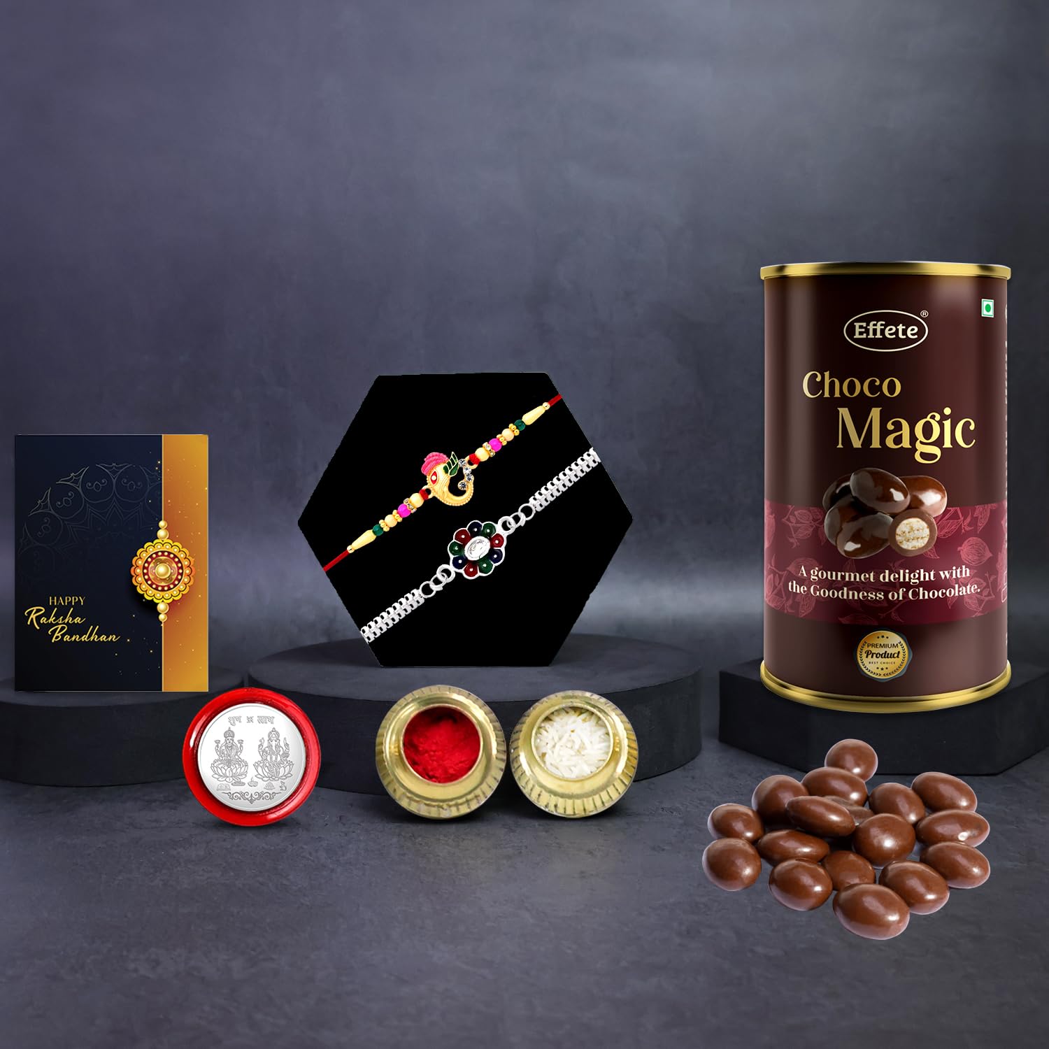 DeoDap Chocolate with Rakhi Set for Brother – Silver Flower & Ganesh Ji Design Rakhi Set of 2 with Choco Magic(96g) Gift, Silver Color Coin & Greeting Card – Raksha Bandhan Combo for Bhai-image-3