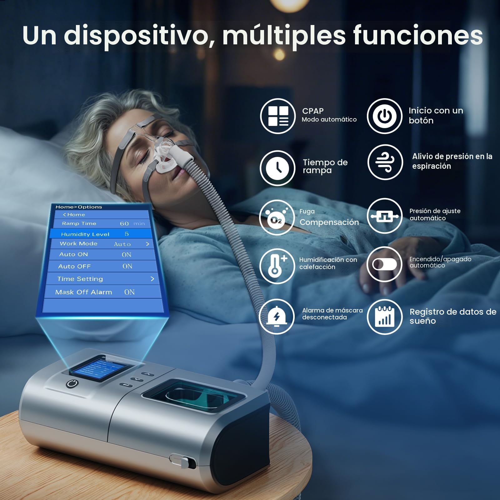 Dispositivo para Apnea del Sueño, máquina de respiración automática completa con modos dobles ajustables, ventilador para dormir, máquina para viajes y hogar con todos los accesorios y bolsa de viaje