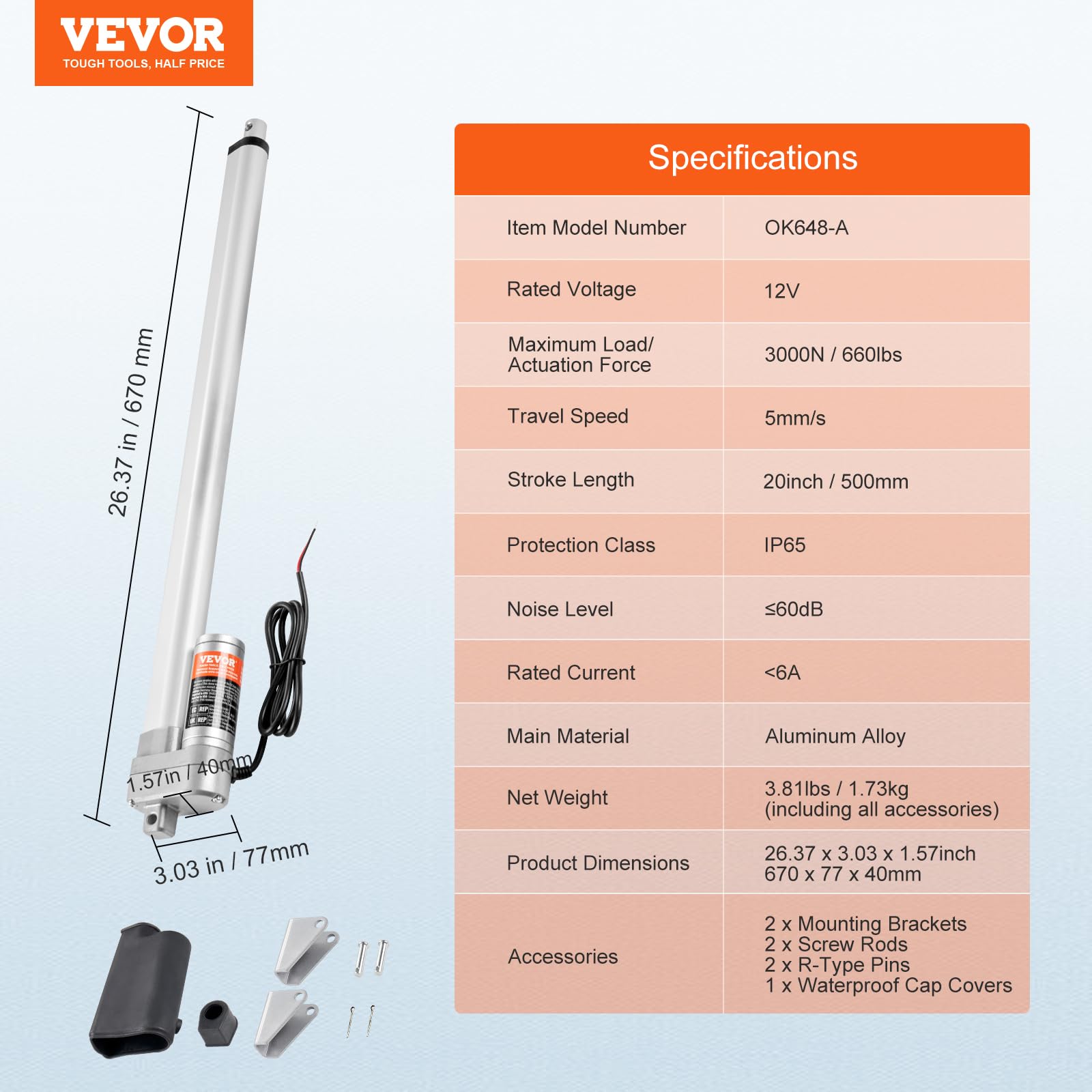 VEVOR Actuador Lineal 12V IP65 20 Pulgadas 660 Libras 3000 N 0.19 Pulgadas/s Impermeable