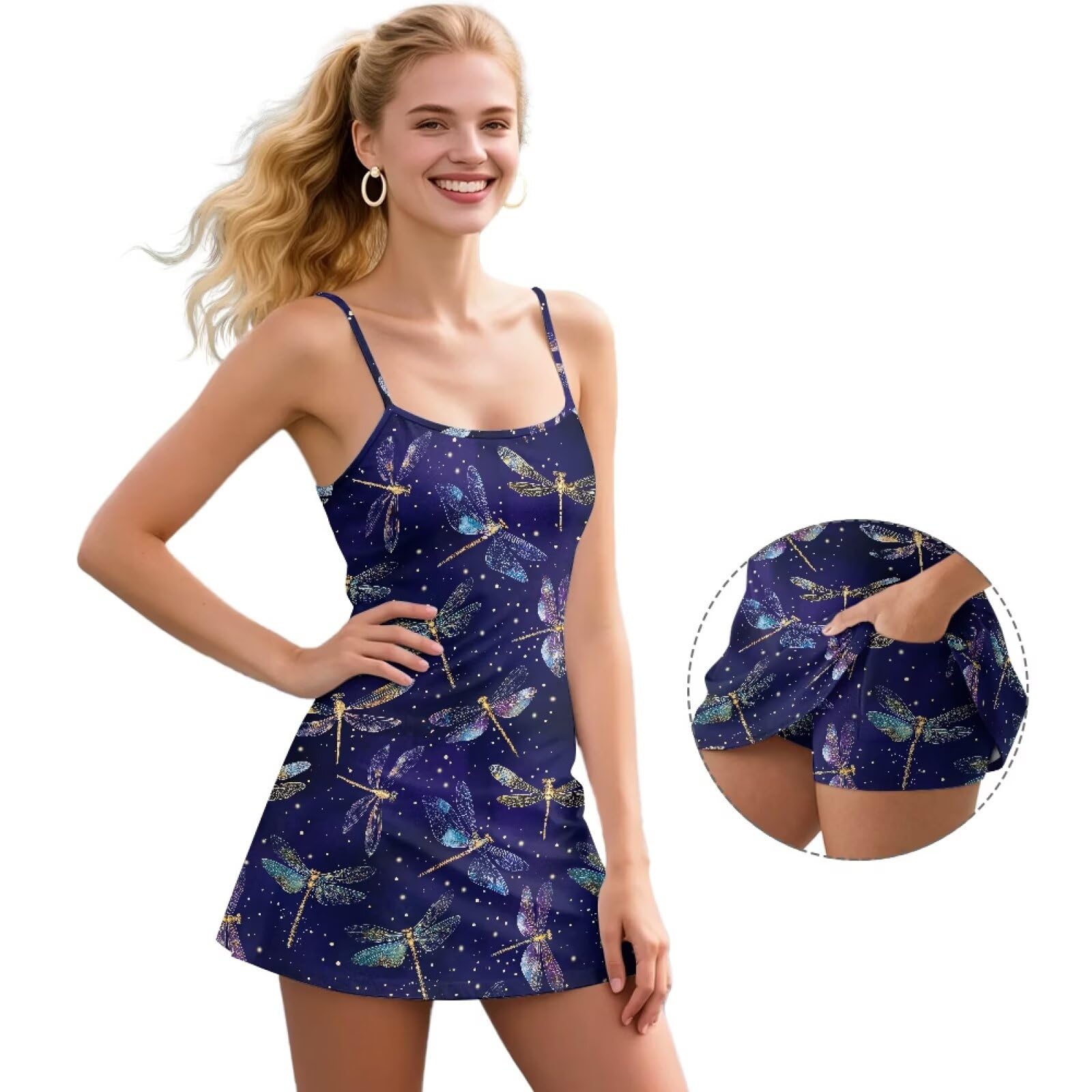 Biyejit Vestido de tenis para mujer con bolsillos cortos 2 en 1, casual, para golf, yoga, con tirantes, XS-2XL