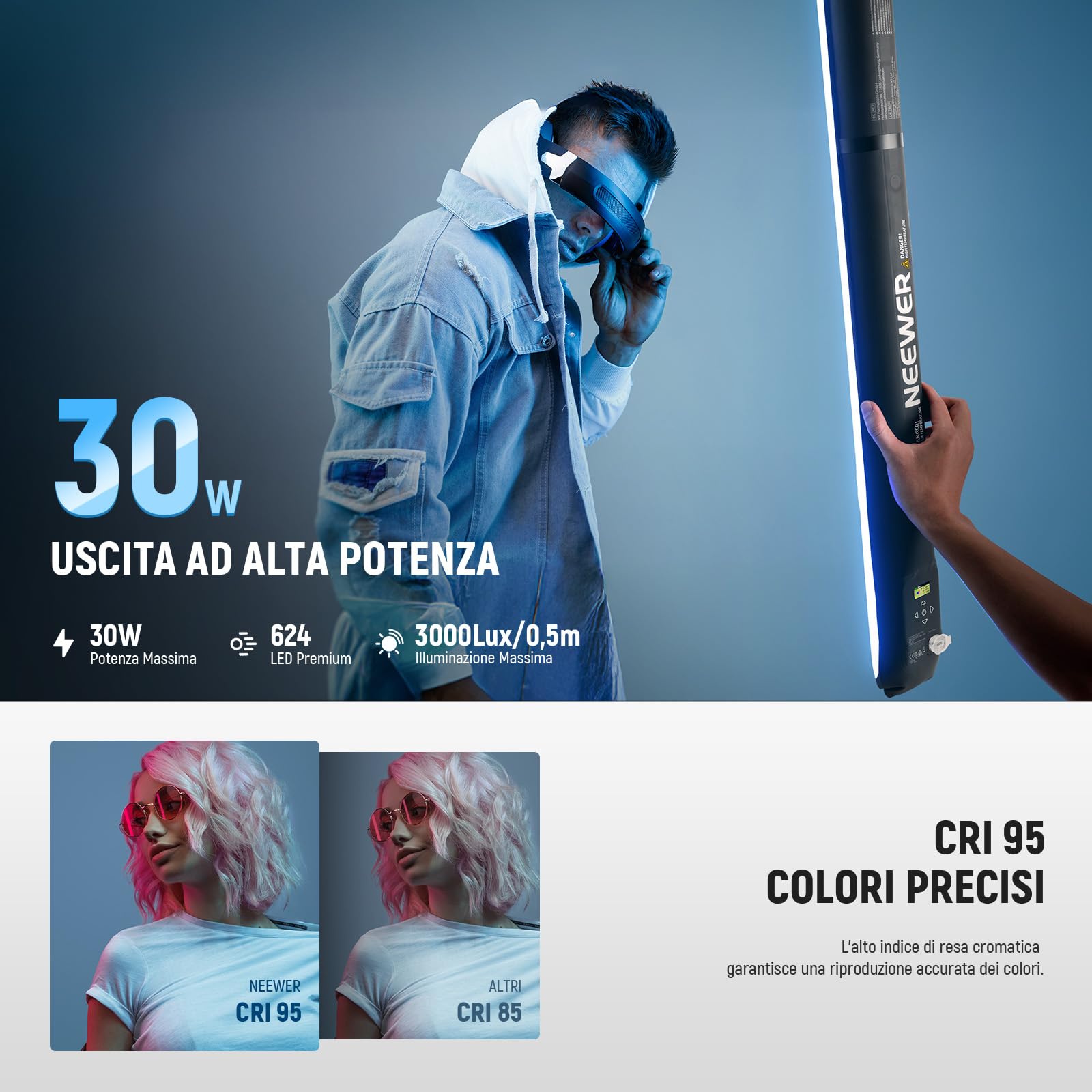 NEEWER BASICS Luce Tubo RGB Portatile da 30W 90cm, Luce Gonfiabile per Video Palmare in TPU, 3000Lux 2700-6500K CRI95 5000mAh Type C Ingresso 45W/Uscita 30W per Foto Video Studio Streaming, GC30C