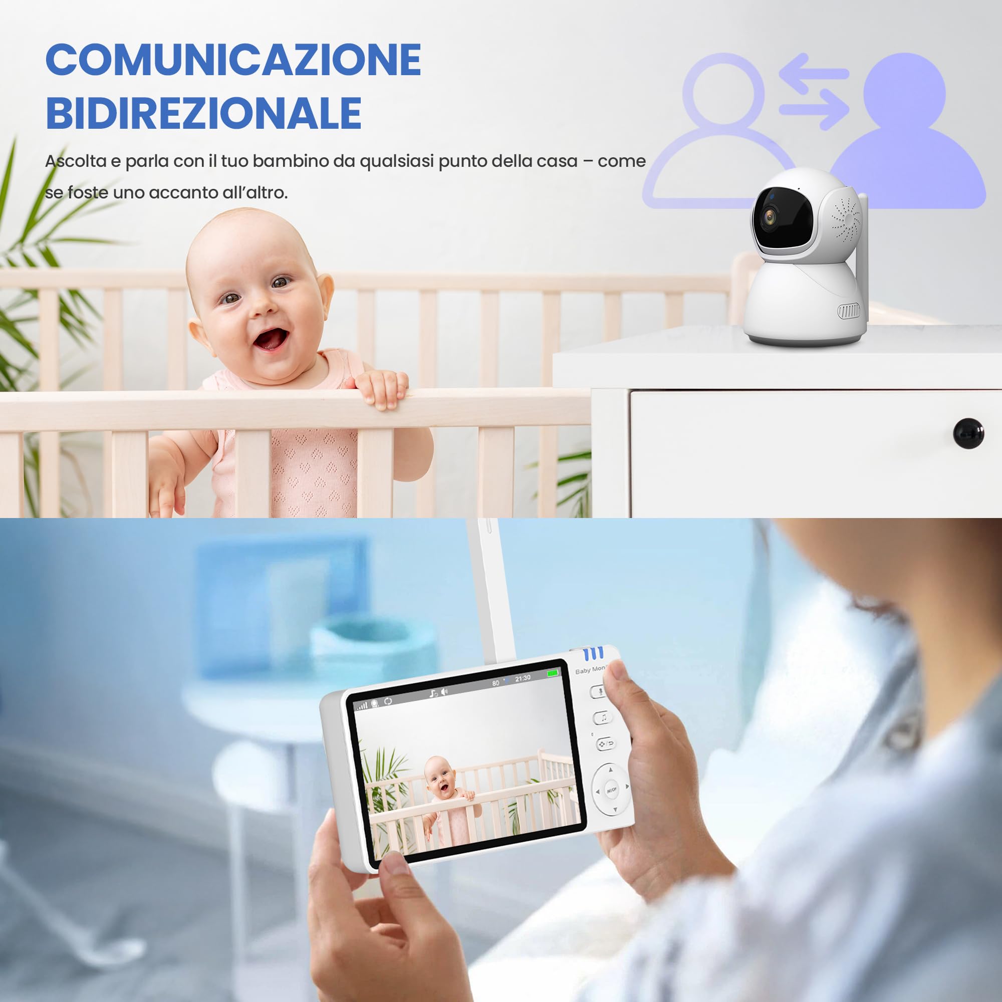 Extralink Babyphone con telecamera senza Wi-Fi, baby monitor con display da 5 pollici, visione notturna, audio a 2 vie, VOX e monitoraggio della temperatura, funzione FHSS 2,4 GHz 300 m, ninna e