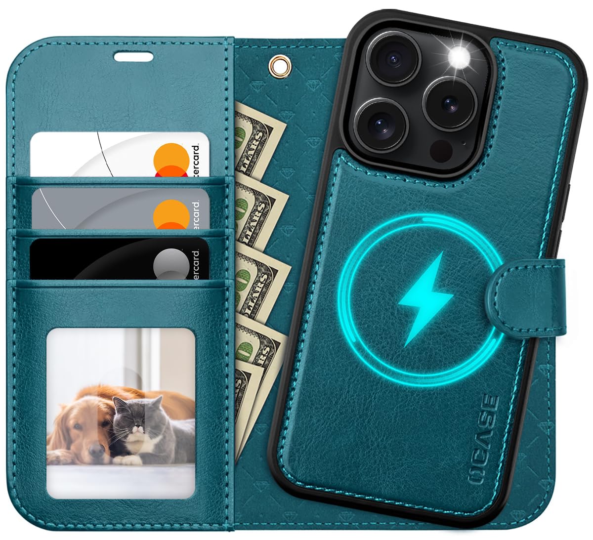 OCASE iPhone 16 Pro Hülle(2in1) Leder Stoßfestes Case, Abnehmbare magnetische Hülle, MitHandschlaufe, Kabelloses Laden, Kartenfach, Standfunktion, Handyhülle RFID Schutzhülle Klapphülle Pfauenblau