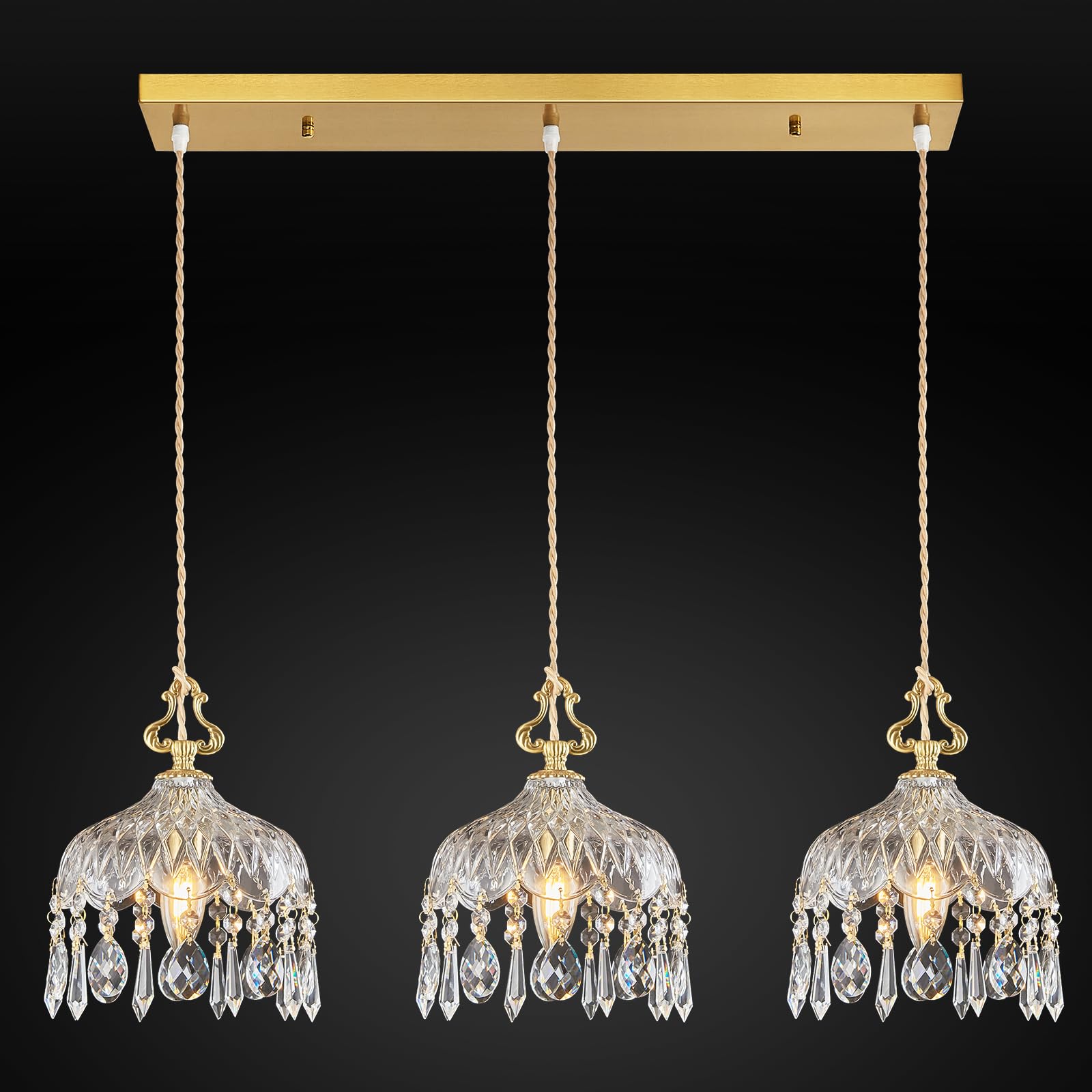 JXJYHL 3-Light Pendant Light Fixtures Brass Vintage Glass Pendant Lights Crystal Hanging Light Fixtures,Adjustable Height Pendant Lighting for Dining