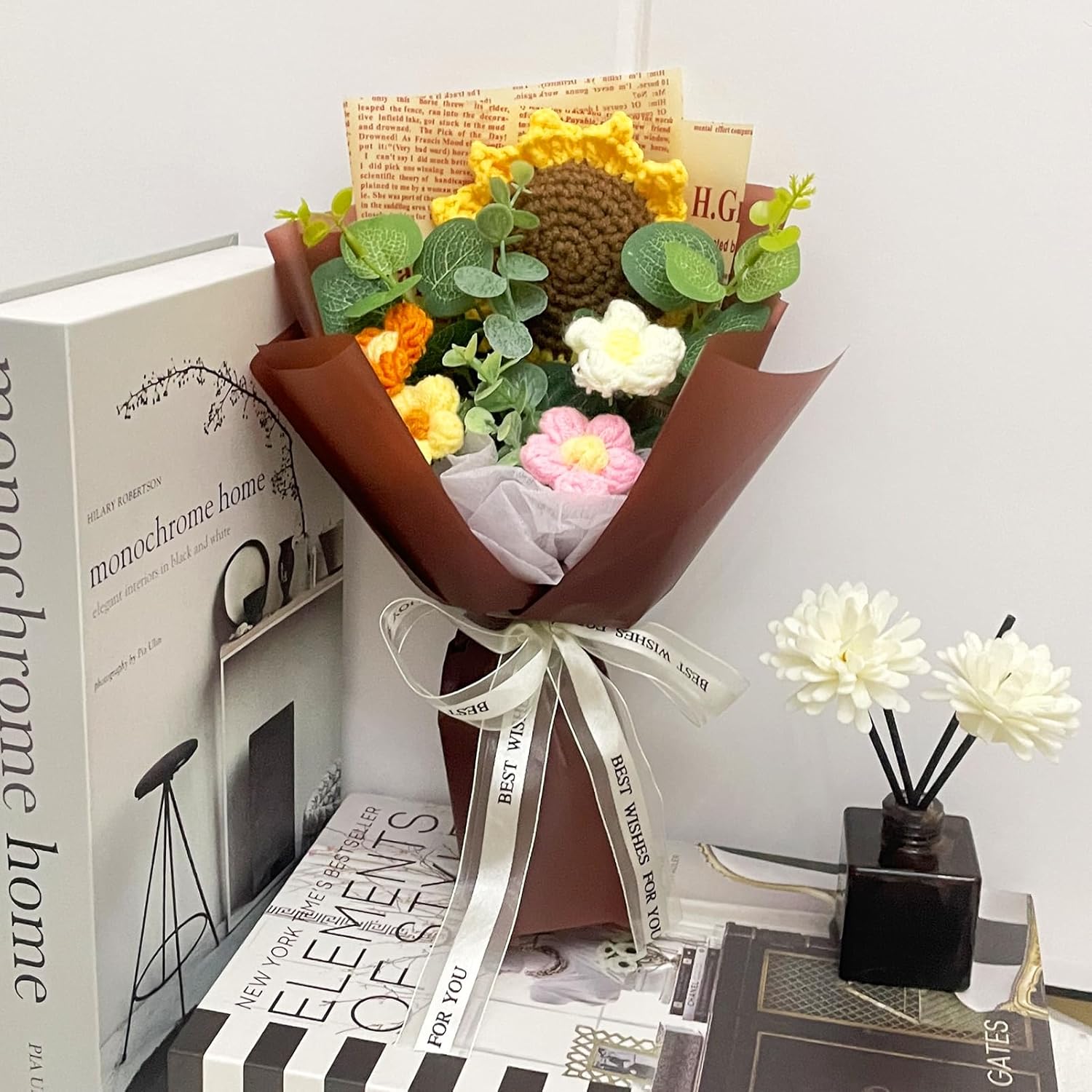 Crochet Flowers Bouquet, Handmade Knitted Bouquet, Crochet Bouquet Kit Knitted Fake Sunflower Daisy, Gift for Mother Wife on Birthday Anniversary (Coffee Color) - Image 3