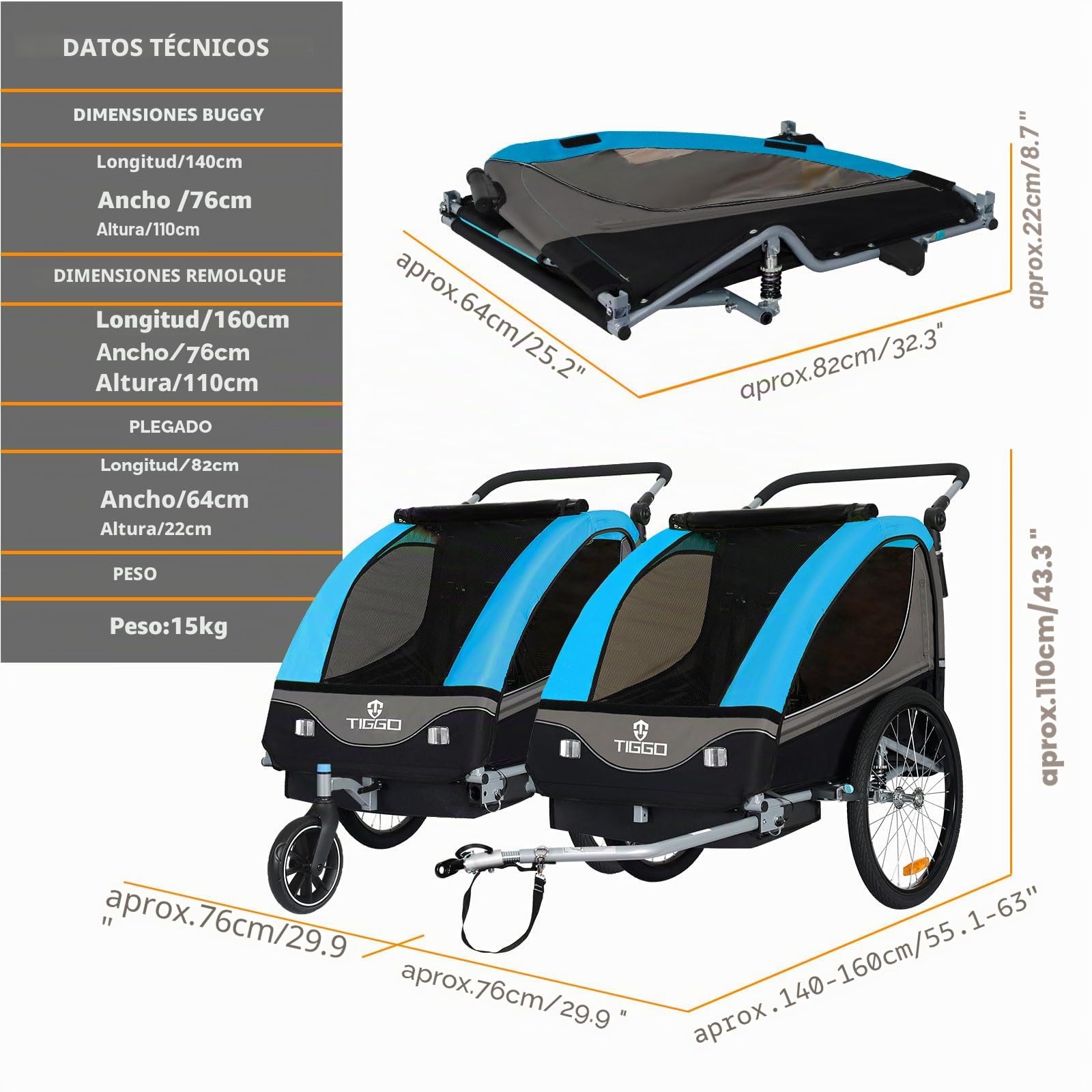 Tiggo S2 - Remolque infantil con suspensión para jogger 2 en 1, para niños, para bicicleta, giratorio 360°