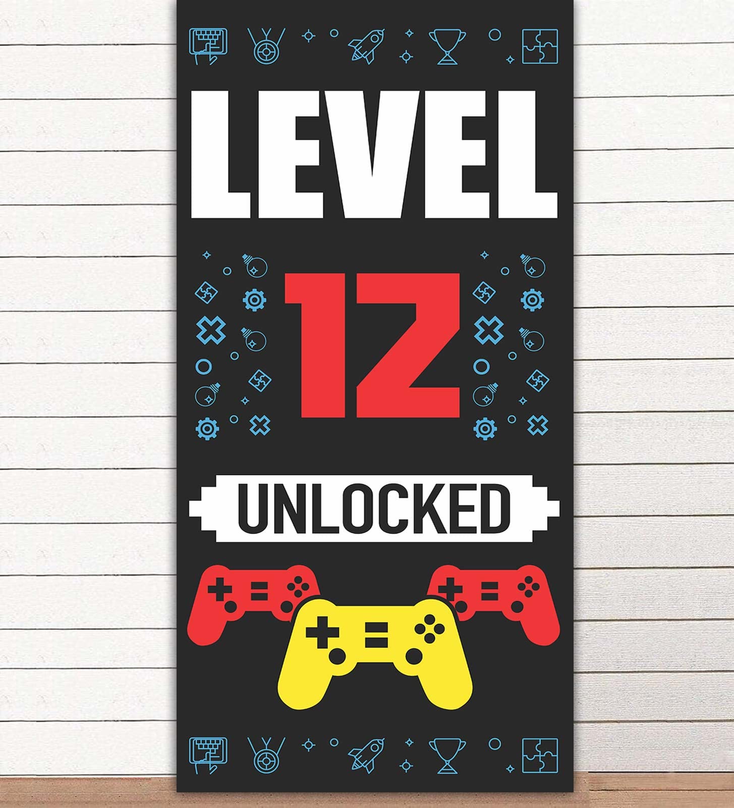 COOSOAR 12th Birthday Level Up Banner, Blue, Green, Yellow, 72.8 inches x 35.4 inches, Video Games Theme, Tear Resistant, Lightweight, Perfect for
