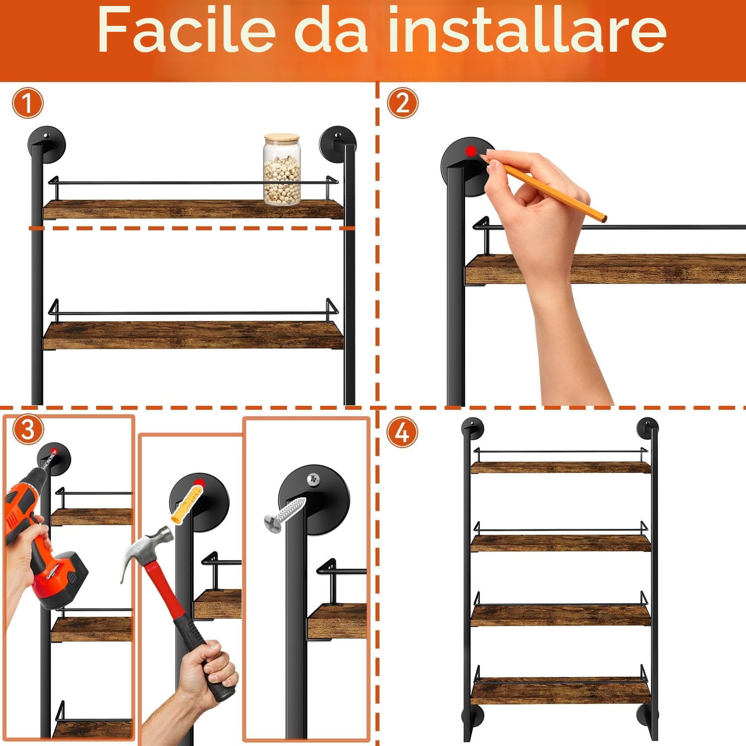 IBUYKE LJ016H - Portaspezie da parete, 4 ripiani, grande organizer per spezie fino a 50 bicchieri, in legno, per cucina, porta armadio, bagno, dispensa, marrone