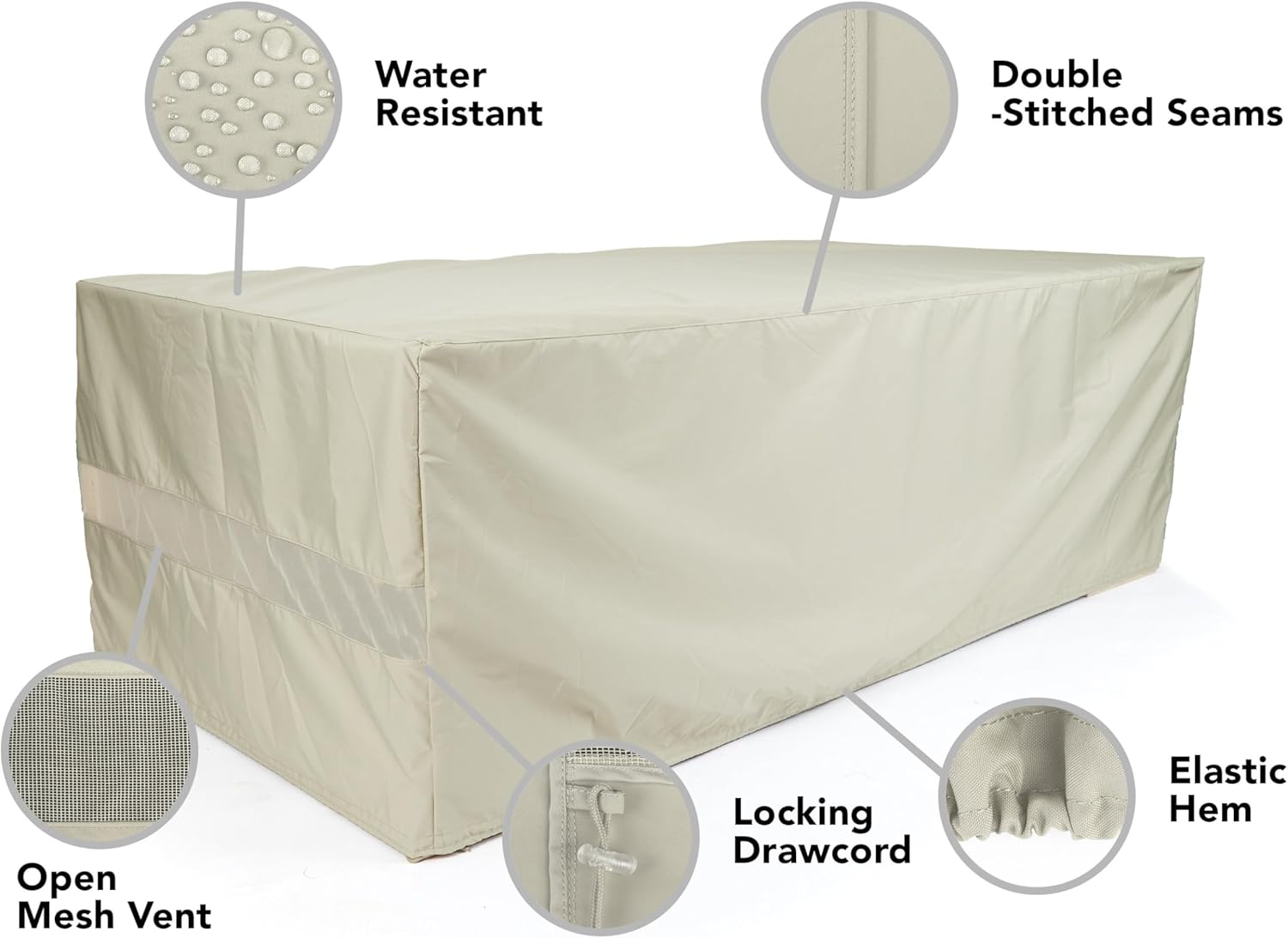 Covermates Elite Outdoor Rectangular Dining Table Cover – All-Weather Water-Resistant Polyester, Mesh Ventilation, Drawcord & Buckle Straps for Patio Furniture, Full Table 50W x 30D x 25H, Khaki