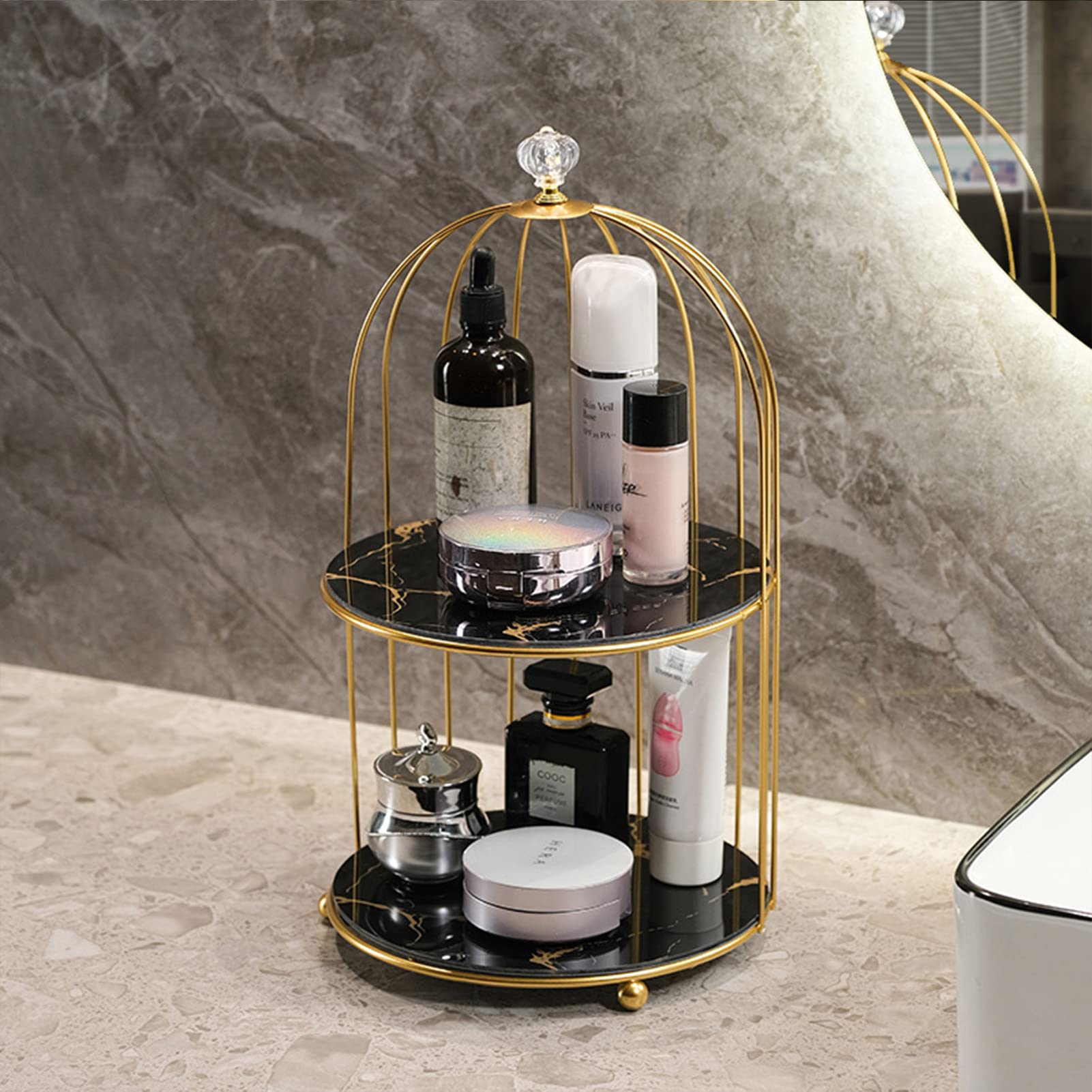 2 Tier Bathroom Makeup Storage Rack Shelf Marble Countertop Tray Cosmetics Makeup Toiletries Perfume Jewelry Storage Rack Dresser, Countertop, Bathroom Vanity Storage Rack (Black)