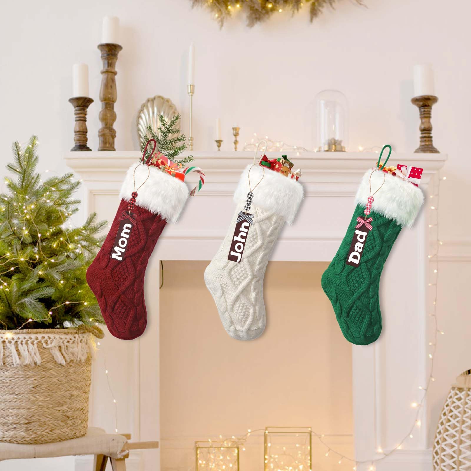 3 pezzi Calze natalizie lavorate a maglia in lana con targhette con nome, calze di Natale decorative, calze di Natale per feste di Natale, decorazioni natalizie e regali per bambini