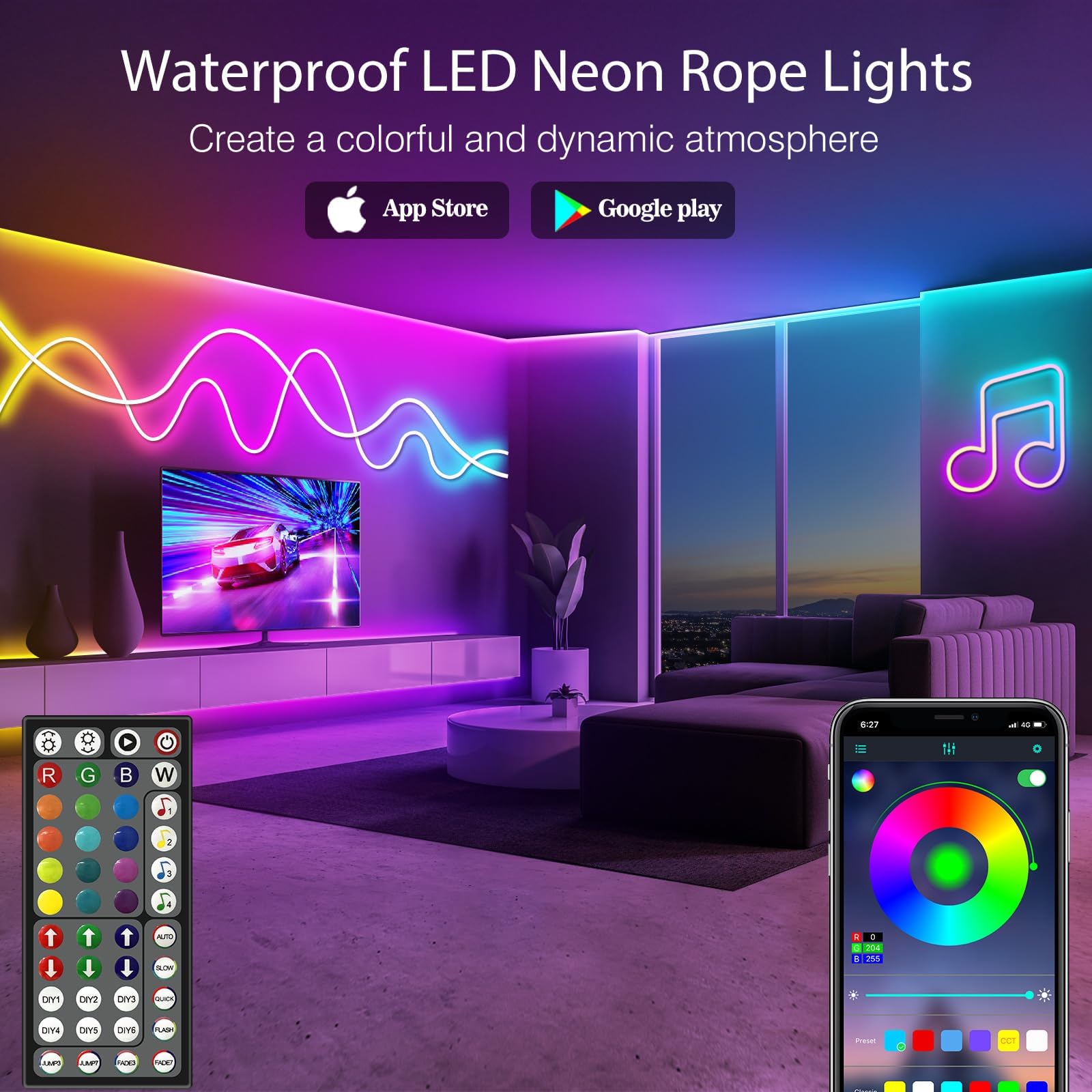 AHRLHR 30M Neon LED Streifen, IP68 Light Strips Outdoor & Indoor Use, Wasserdichte Flexible Lichtschlauch mit App und Fernbedienung, LED Rope Stripes für Wohnzimmer, Schlafzimmer, Spielzimmer