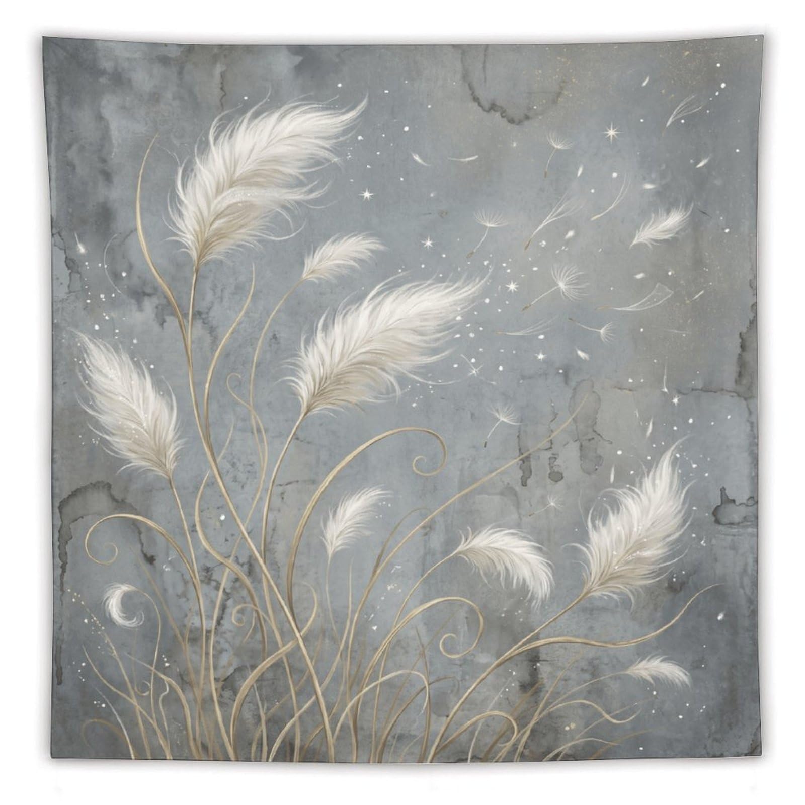 W7C8U2X3 White Feather Botanical Wall Tapestry, Botanical Watercolor Style