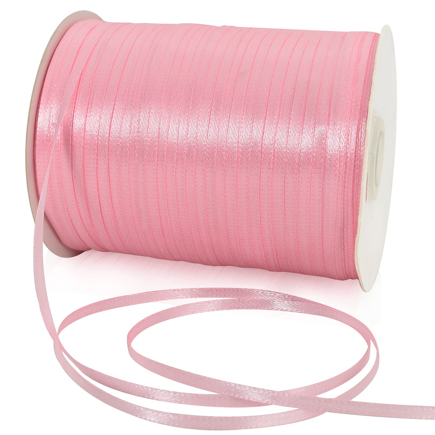 Photo 1 of 1/8 Inch x 870 Yards Pink Thin Solid Satin Ribbon Giant Spool Double Face Woven Polyester Fabric Ribbons for Crafts Hanging Tags Invitation Card Balloons Bouquet Hair Gift Wrapping Party Decoration