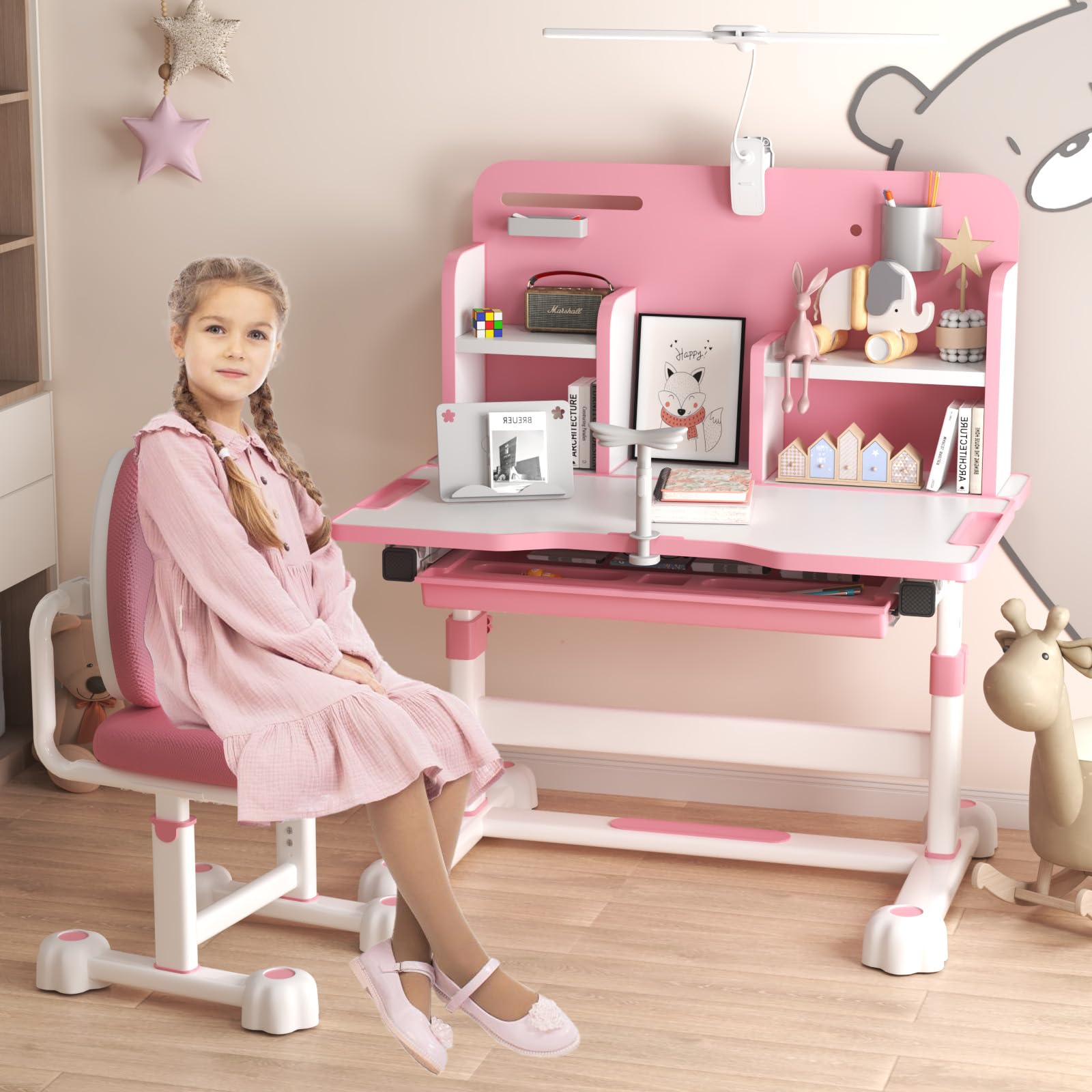 Photo 1 of (HEAVILY USED/ SEE NOTES)
 Kids Desk and Chair Set with Bookstand, Height Adjustable Student Study Table with Drawable & Tilted Desktop, Book Stand, LED Lamp and Pull-Out Drawer, for Writing, Reading and Drawing