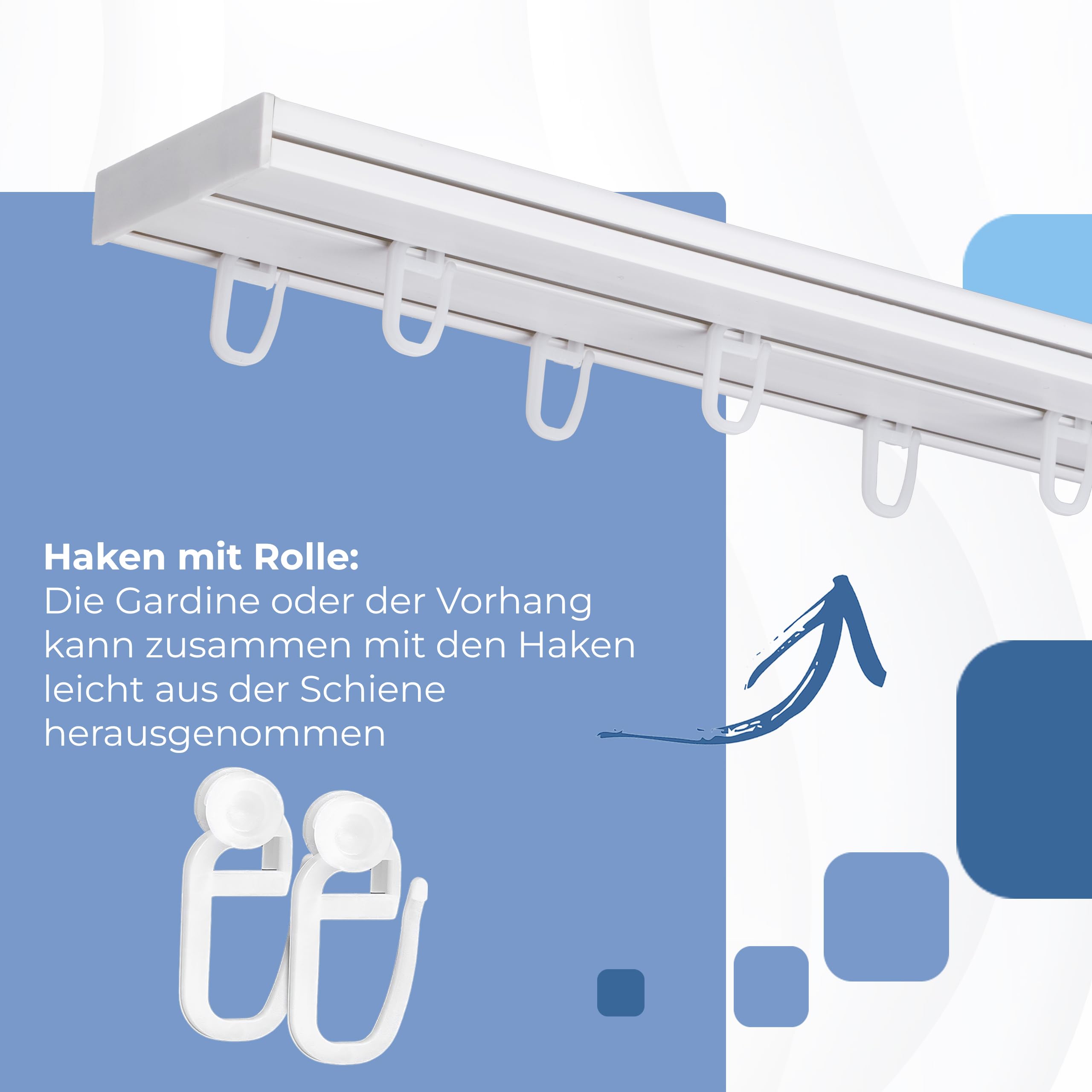 Gardinenschiene 2-läufig – PVC Vorhangschiene zur Deckenmontage, Deckenschiene für Vorhänge, Weiß, mit Haken mit Rolle, 200 cm