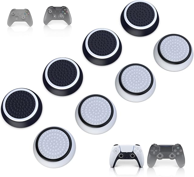 MatoSan® 8x Black & White Thumbstick Caps Grip Accessory Set Aim Assist Caps for XBOX One Series X S Switch Pro Controller PS5 PS4 Controller Sticks Joystick Protection Attachments