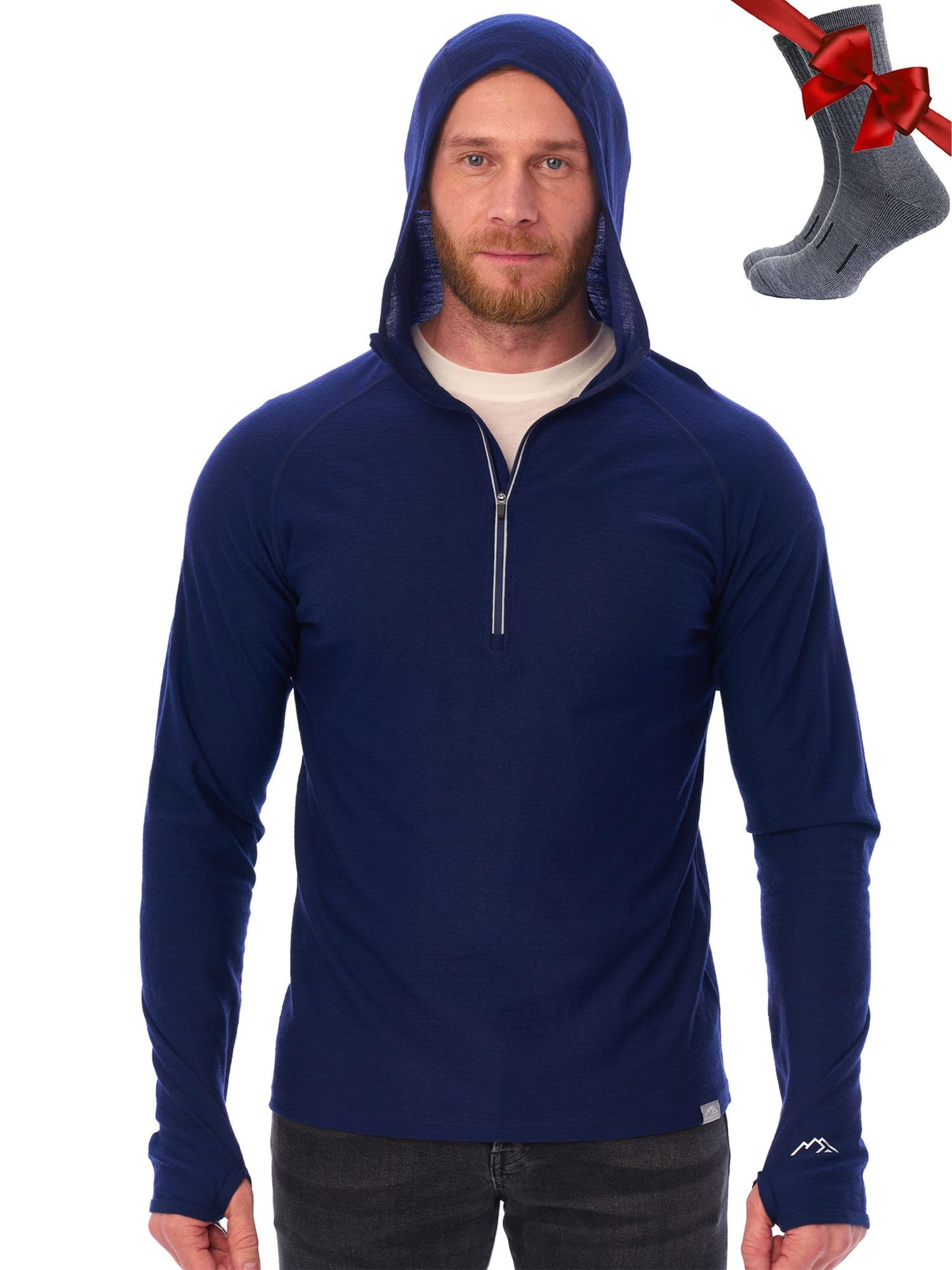 100% Merino Wool Hoodie Men - Slim Fit Quarter Zip Thermal Base Layer Top