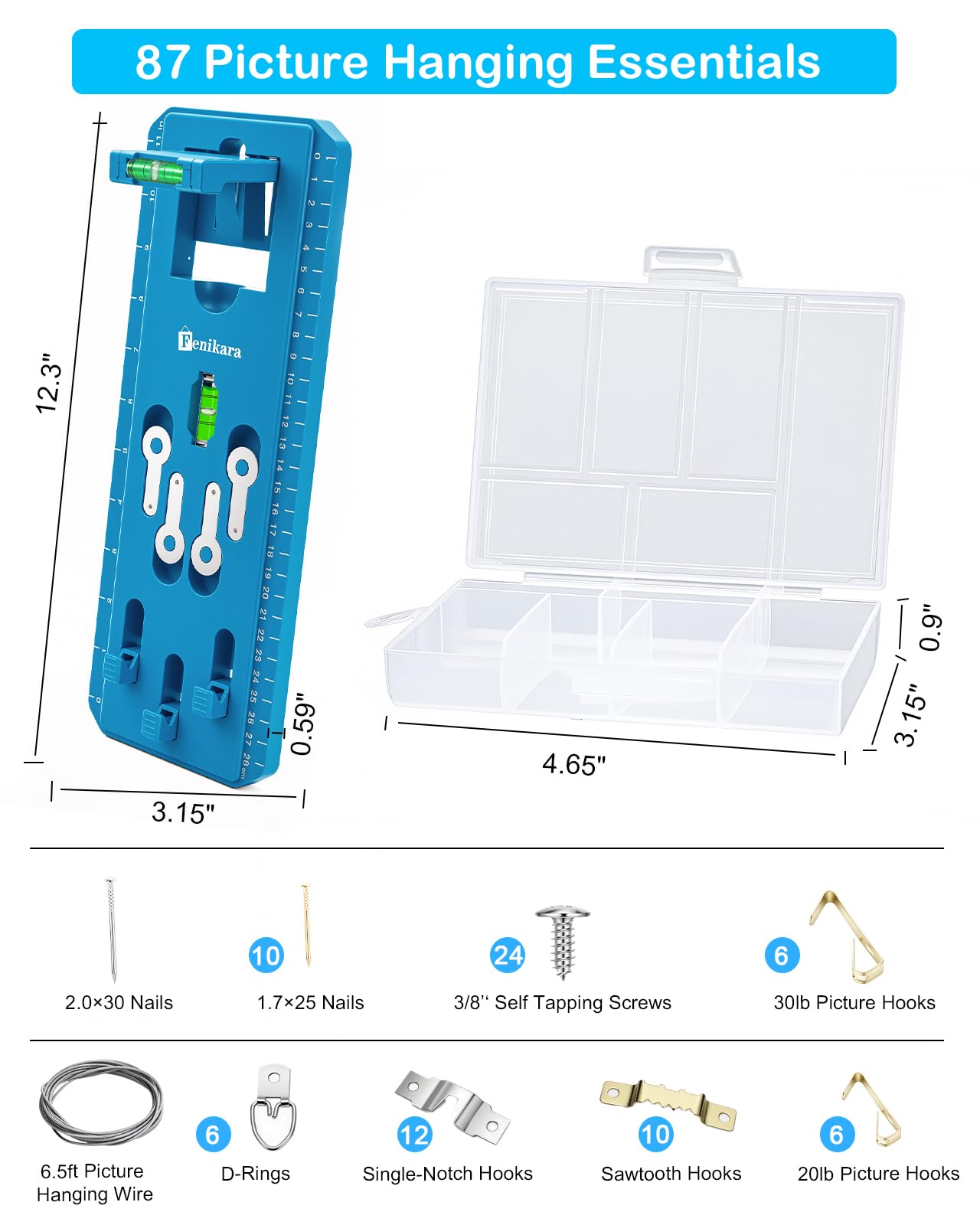 85 Pièces, Kit de Suspension pour Cadres avec Niveau à Bulle, Sans Mesure, Outil d’Accrochage Précis pour Cadres Photo, Compatible avec Différents Systèmes d’Accrochage, Crochet Tableau, Crochet Cadre