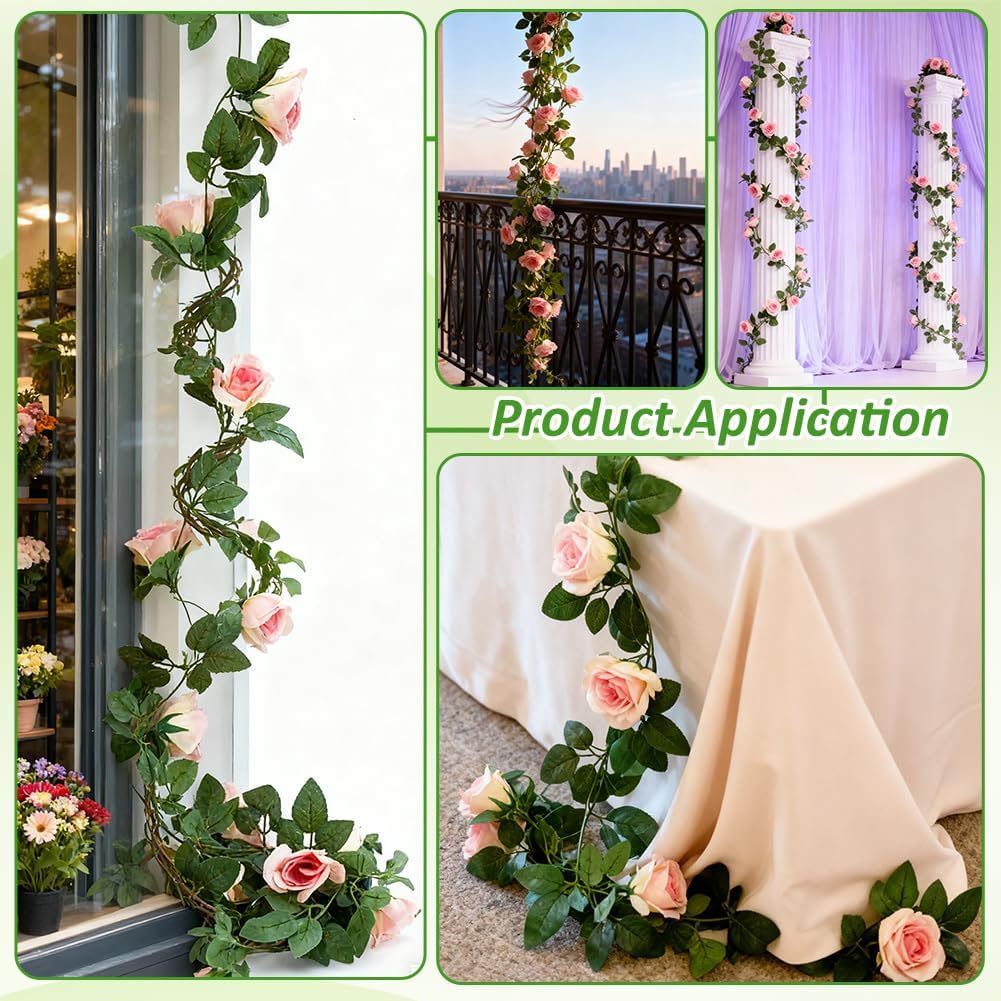 WADORN 5Pcs 40Ft Artificial Rose Vine, Fake Flowers Garland Fake Roses Garland Hanging Vine Floral with Green Leaves Decors for Wedding Garden Ceremony Birthday Wall Arch Decors, Pink