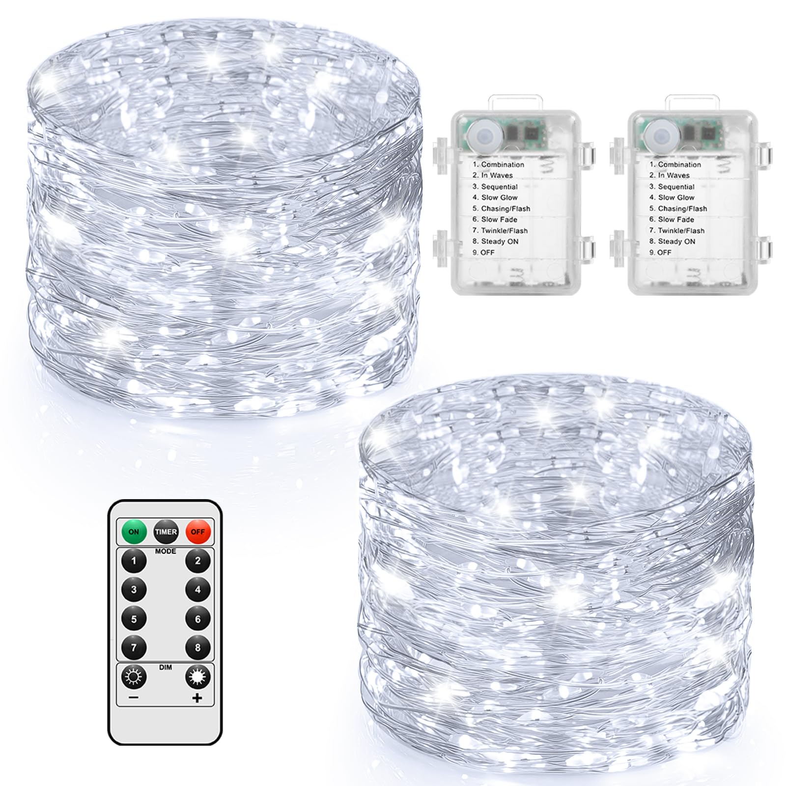 Photo 1 of 2 Pack White Fairy Lights Battery Operated with Remote, Total 66FT 200 LED Waterproof Twinkle Lights Indoor Outdoor, 8 Modes String Lights for Bedroom Classroom DIY Wedding Decorations, Cool White
