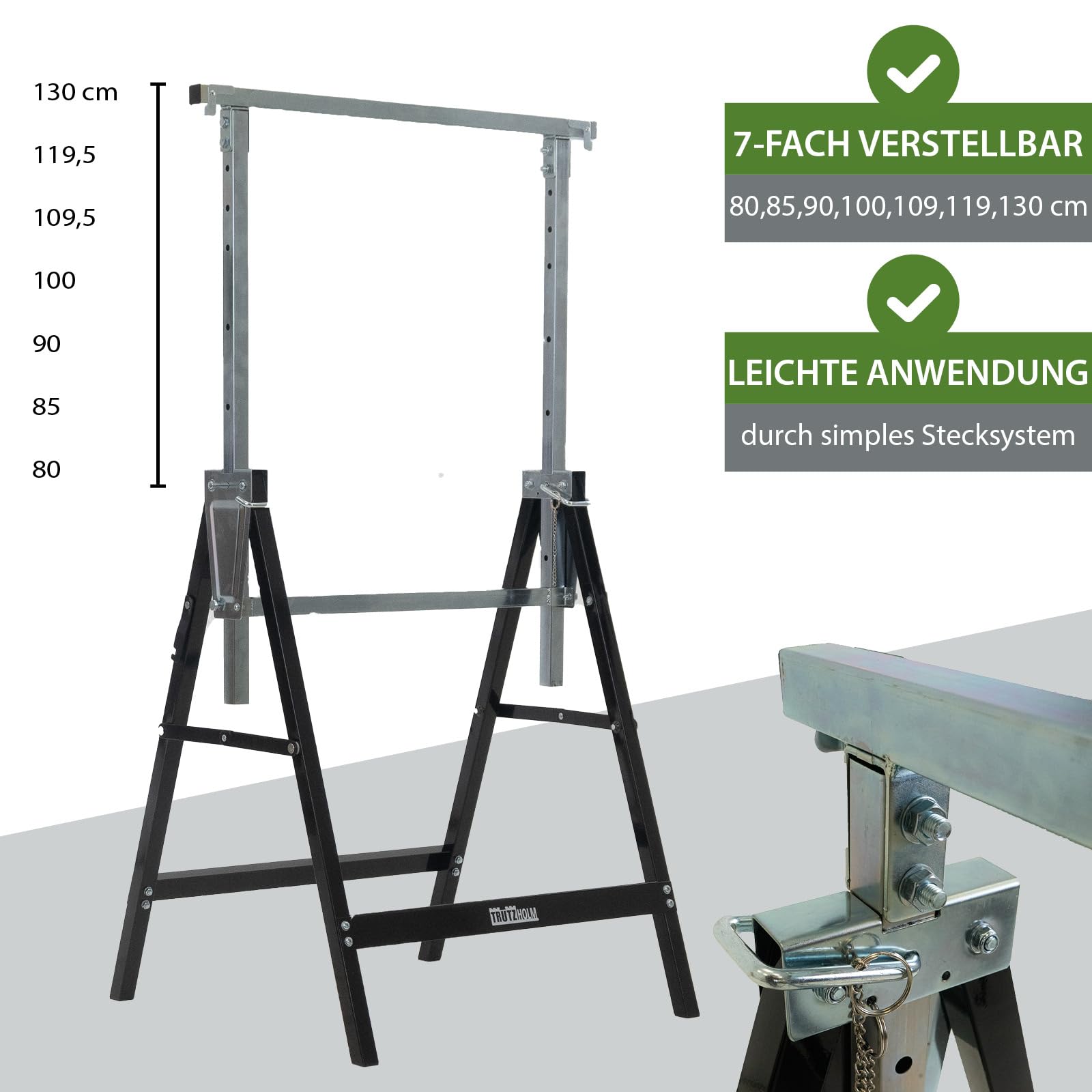 2 x Arbeitsbock 7-fach höhenverstellbar 80-130 cm bis 400 kg Stahl verzinkt lackiert schwarz grau Klappbock Gerüstbock Unterstellbock