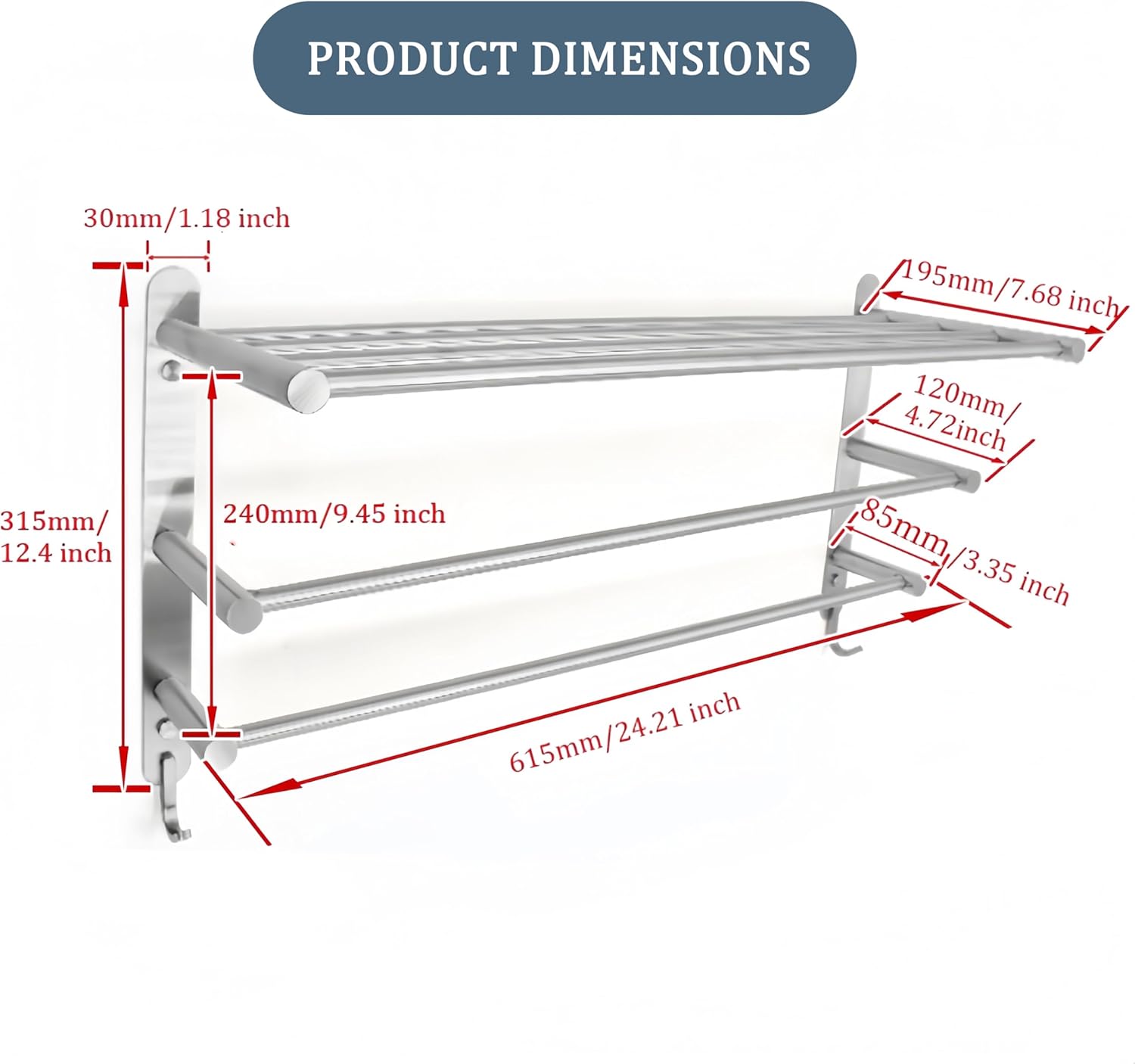 SEIDO 24 Inch 3-Tier Towel Rack, Rustproof 304 Stainless Steel Wall Mounted Shelf with Double Towel Bars & Hooks, Heavy Duty Space-Saver for Bathroom, Kitchen, RV - Brushed Nickel
